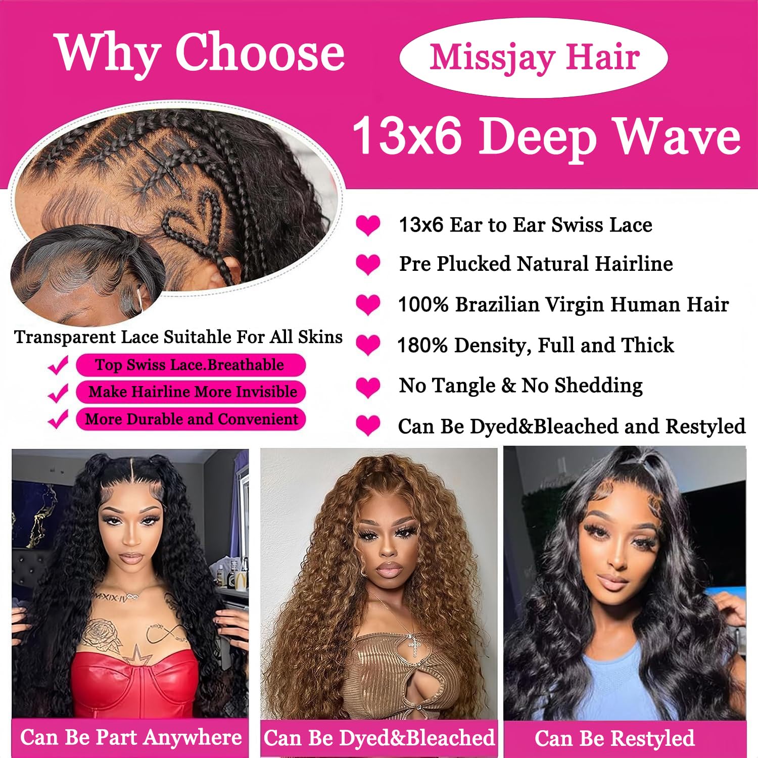 MISSJAY Deep Wave Human Hair Wig 13x6 Lace Front Wigs 100% Unprocessed Virgin Hair Deep Wave Wig 180% Density Natural Color Wear Comfortable No Tangle No Shedding for Black Women 30 Inch