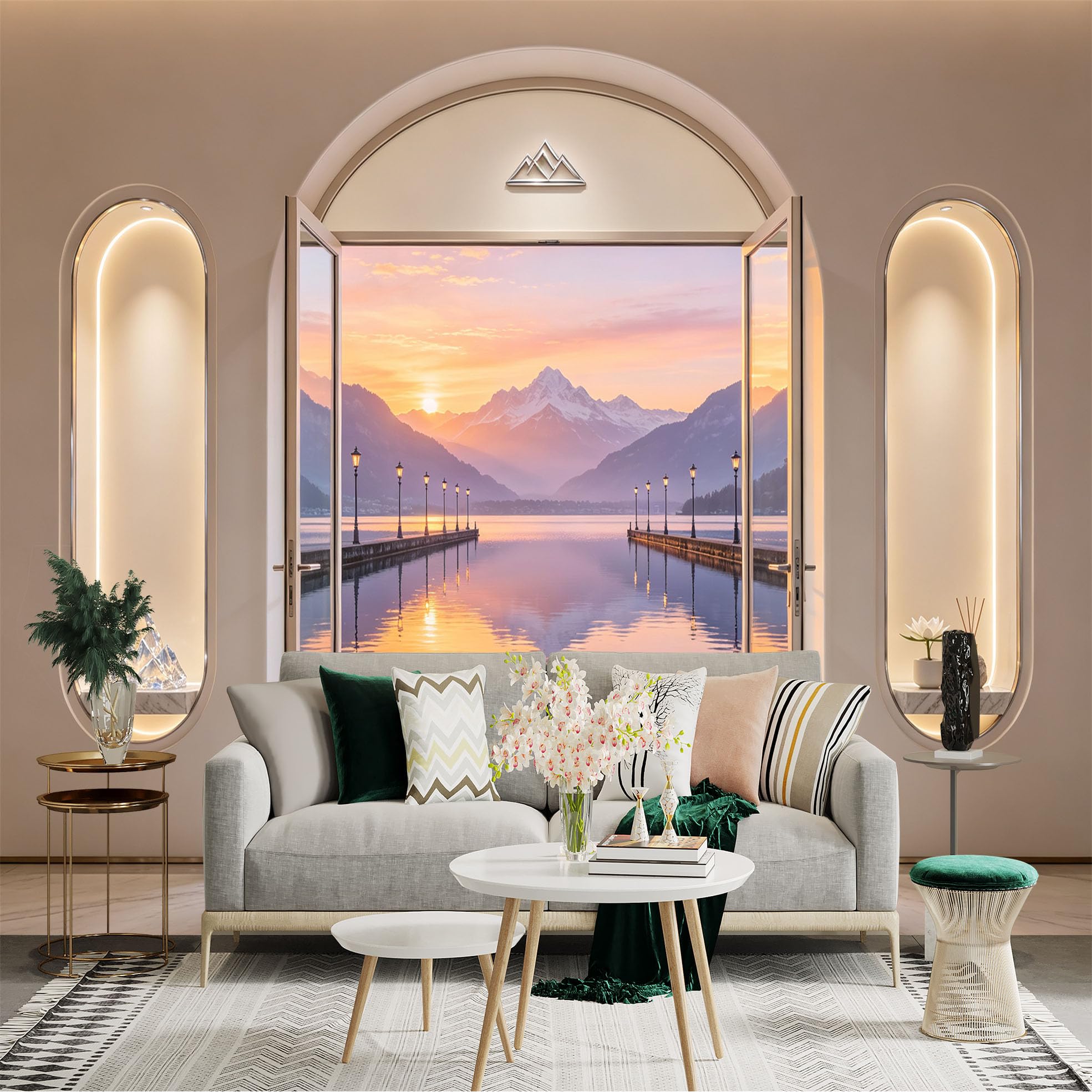 Custom Size Wall Sticker Mural， Sunset Lake View with Mountains and Pier， for wall Decoration， peelandstick wall Decals.