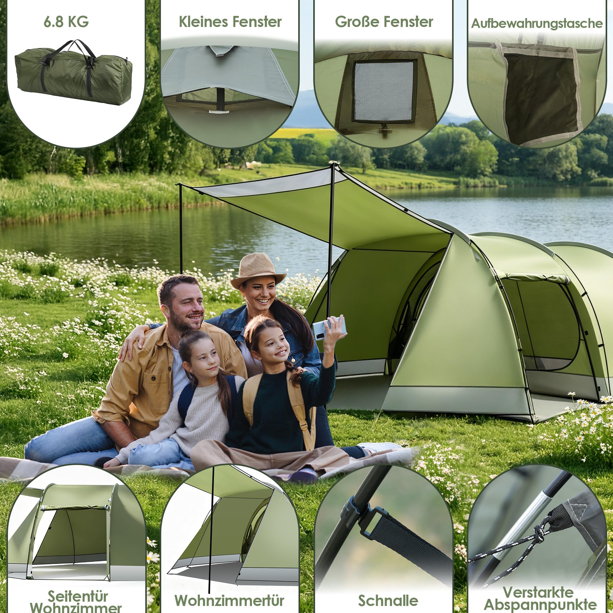 Tunnelzelt,Camping Zelt 4 Personen Zelte 5000mm wasserdichte Familienzelt Gruppenzelt 420x260 x150cm Campingzelt mit Vorzelt Schlafkabine Tent mit abnehmbarem Zeltboden