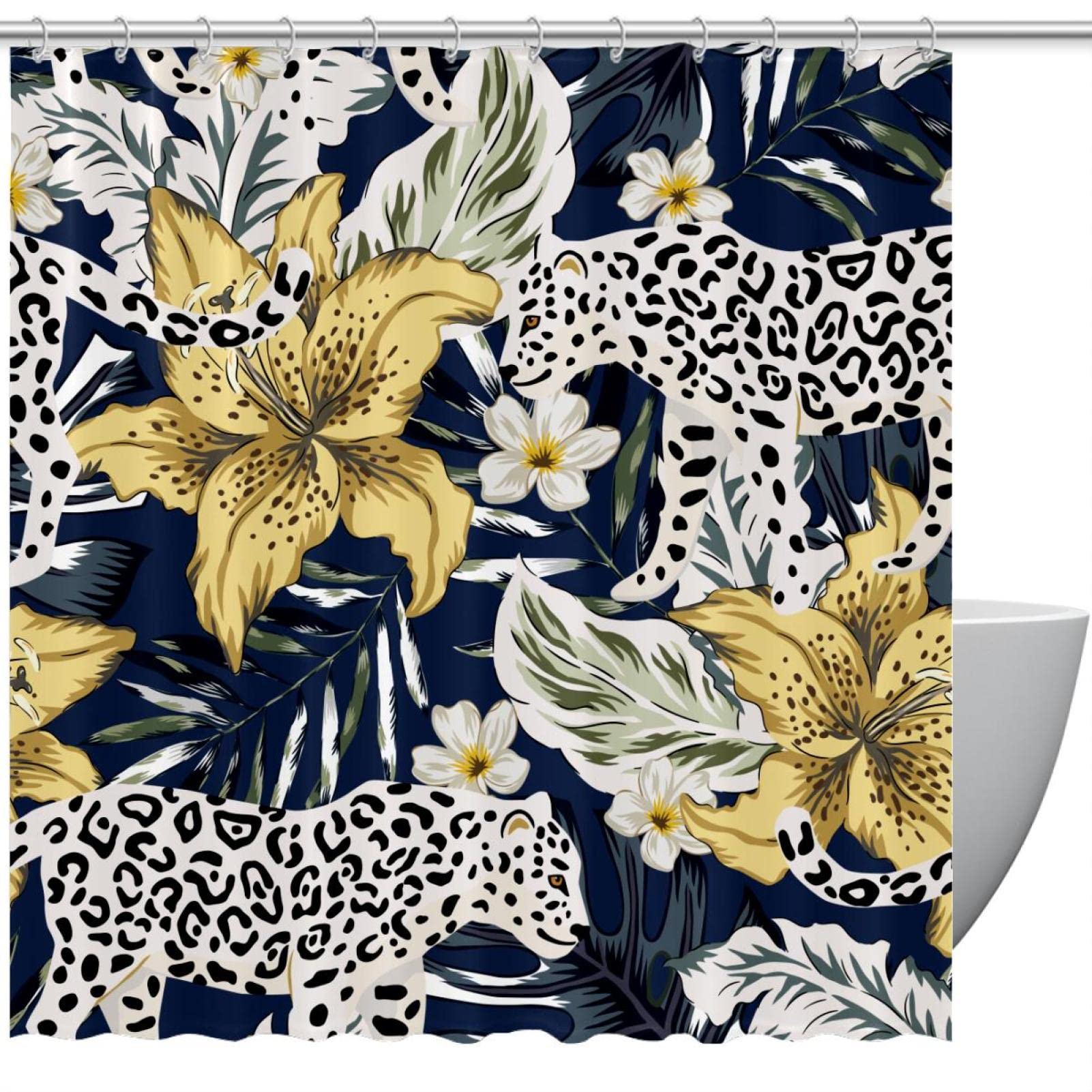 Rideau de douche tissu imperméable feuilles tropicales léopard décor exotique
