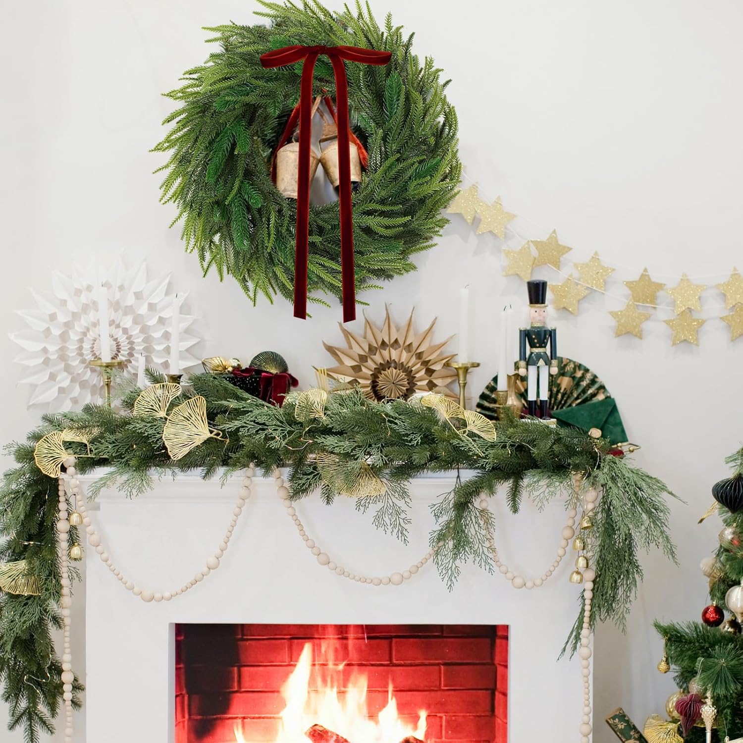 3 Pcs 20 Inch Christmas Norfolk Pine Wreath Artificial Realistic Norfolk Wreath Winter Farmhouse Greenery Decoration with Ribbon Bow for Front Door Xmas Indoor Outdoor Home Decoration(Red)