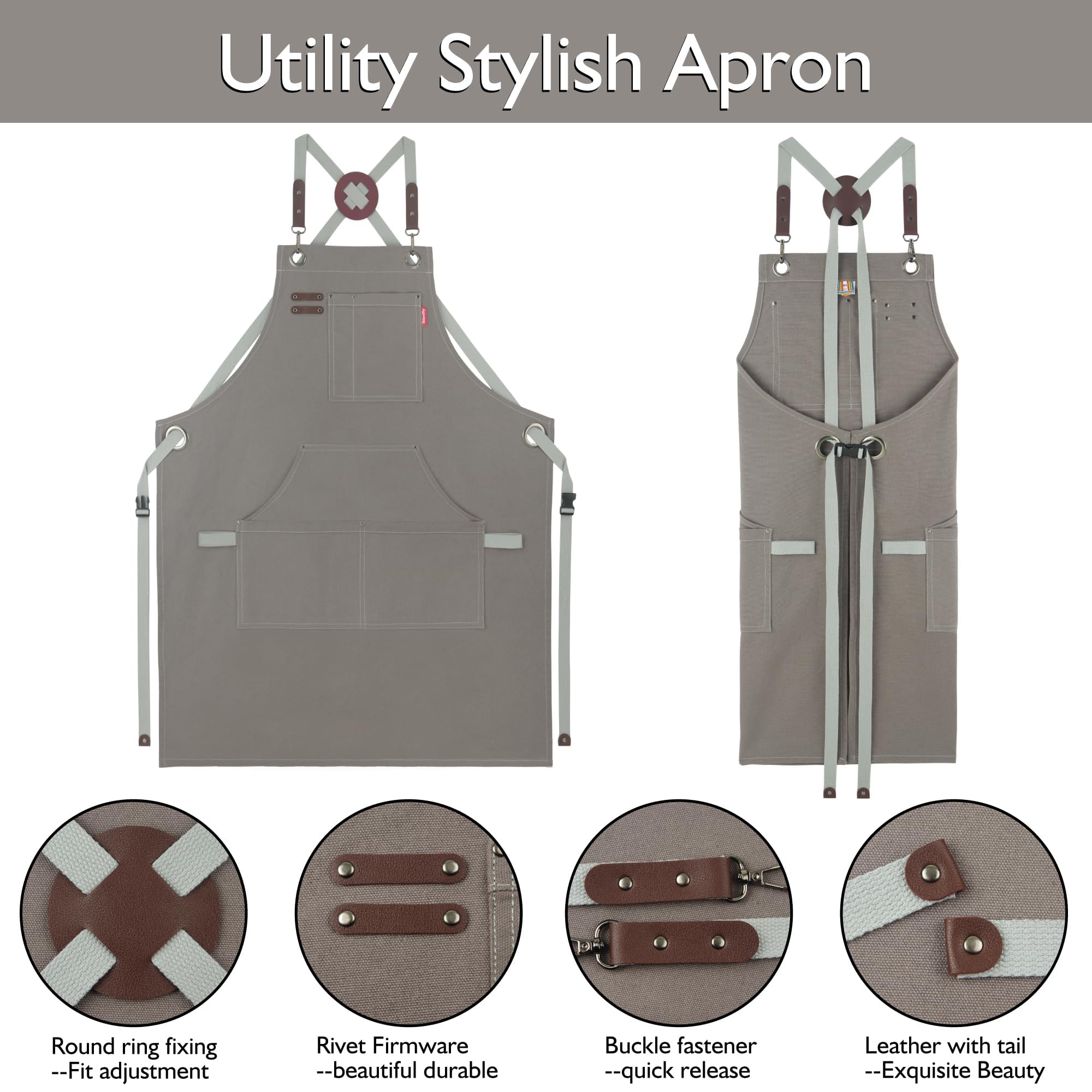 Stenffy Kitchen Apron, Work Apron, Canvas, Multiple Pockets, Gardening, Painting, BBQ, Carpenter, Artist, Sizes M to XXL,Dark Gray - Image 3