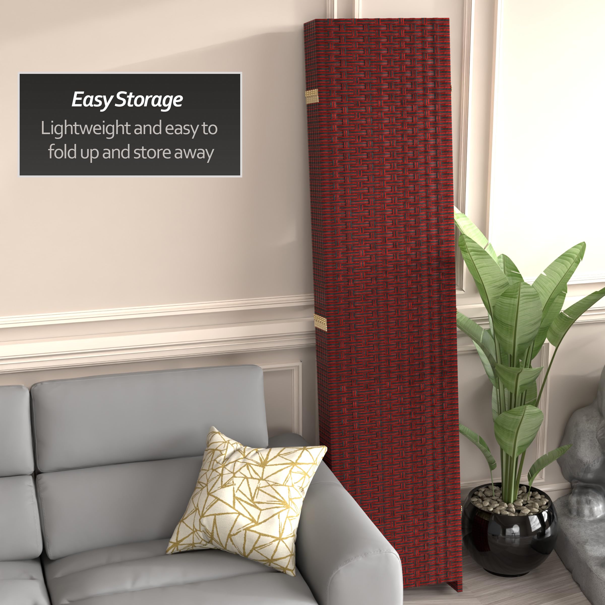 Red Lantern 6 Ft Tall Woven Fiber Room Divider - 3 Panel Folding Screen In Dark Mocha