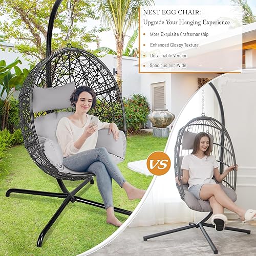 Miniatura 5 de BULEXYARD Silla columpio de gran tamaño con soporte para interiores y exteriores, mimbre de polietileno, cesta de patio, silla colgante grande con