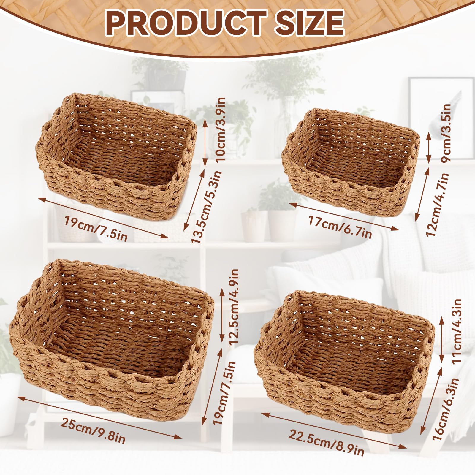 Panier Rangement, Lot de 4 Paniers de Rangement Tressés, Corbeilles Empilables Paniers et Boîtes de Rangements, pour Jouets, CD, Cosmétique, Langes Coton Bébé, Câble de Charge, Décor Maison