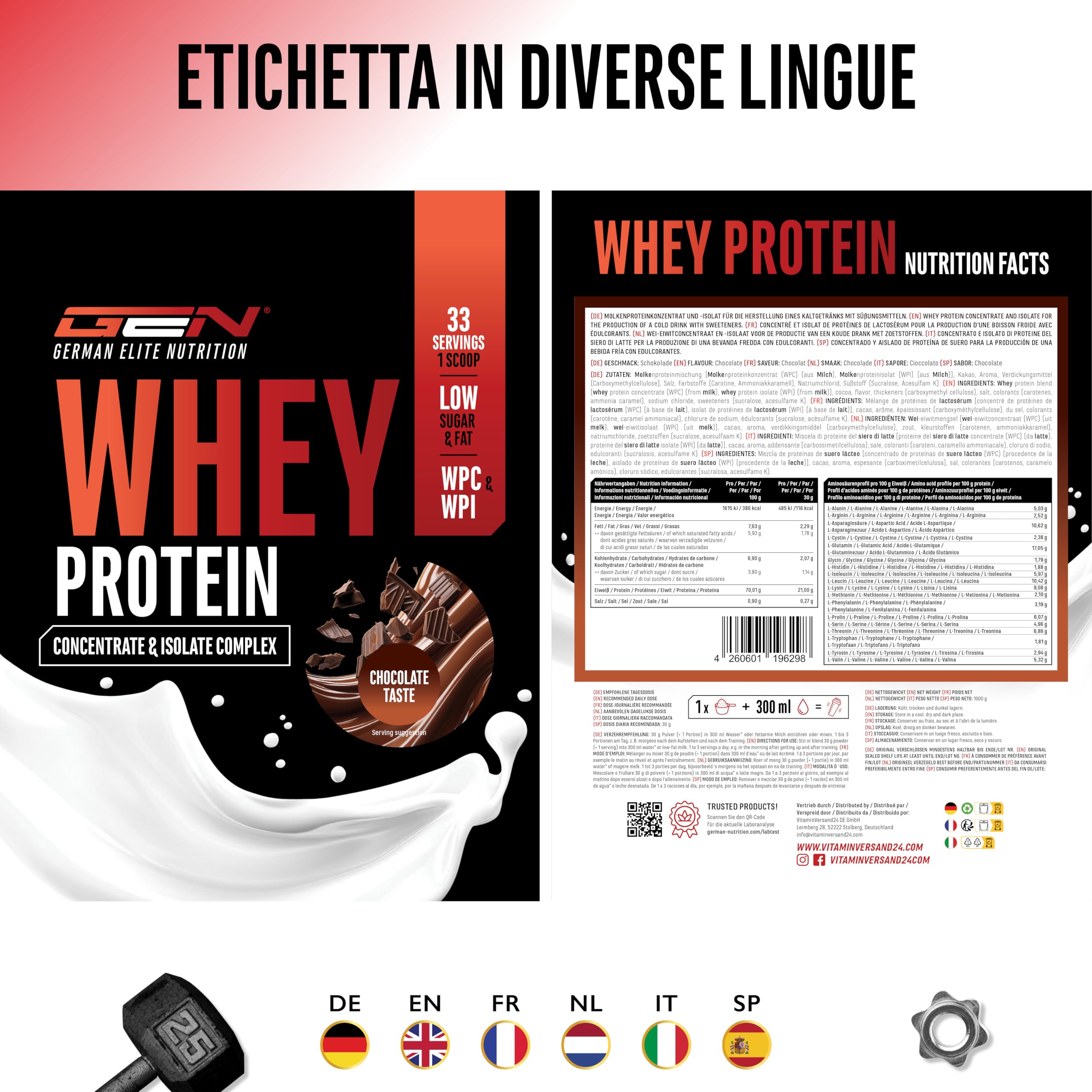 Whey Proteine Complesso - 1000 g (Cioccolato) - Con contenuto isolato - Polvere proteica solubile istantanea con BCAA ed EAA - German Elite Nutrition