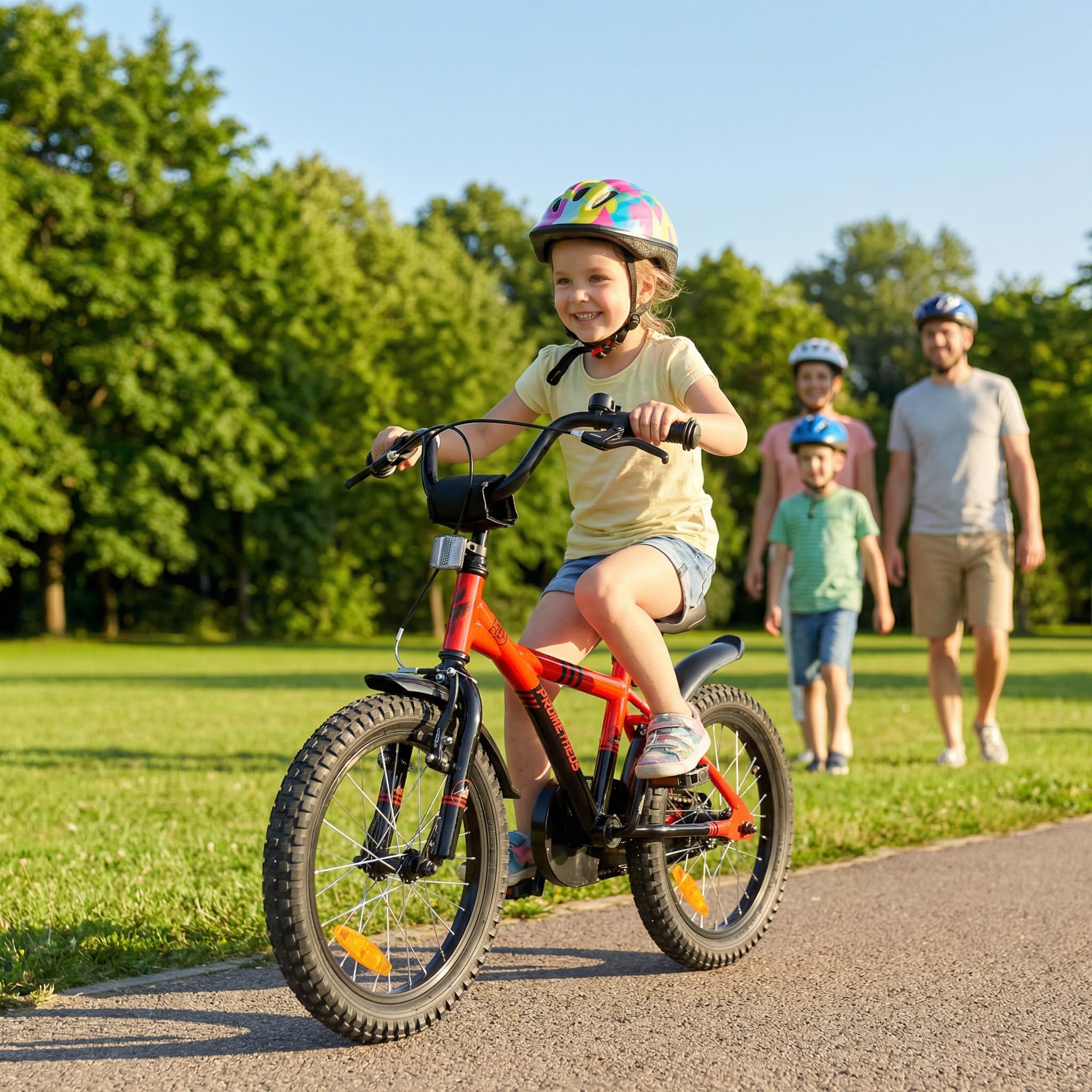 PROMETHEUS BICYCLES Bicicletta Bambini 5-7 Anni Bici per Bambina Bambino 16 Pollici Bimba con rotelle e Freno contropedale rosso nero