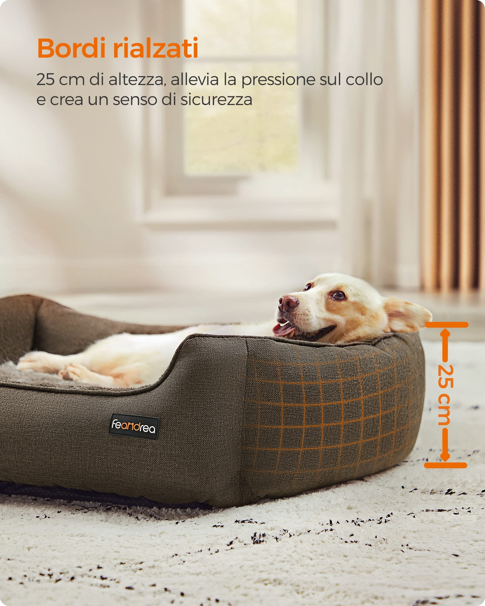 Feandrea Cuccia per Cani, Lettino per Animali in Simil Lino, Bordi Rialzati, Fondo Antiscivolo, Copertura Sfoderabile per Lavaggio, Taglia L per Cane Medio, 90 x 75 x 25 cm, Marrone PGW11CC