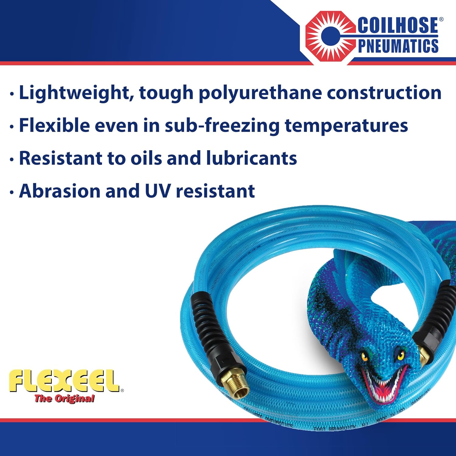 Coilhose Pneumatics PFE40254T Flexeel Reinforced Polyurethane Air Hose, 1/4-Inch ID, 25-Foot Length with (2) 1/4-Inch MPT Reusable Strain Relief Fittings, Transparent Blue