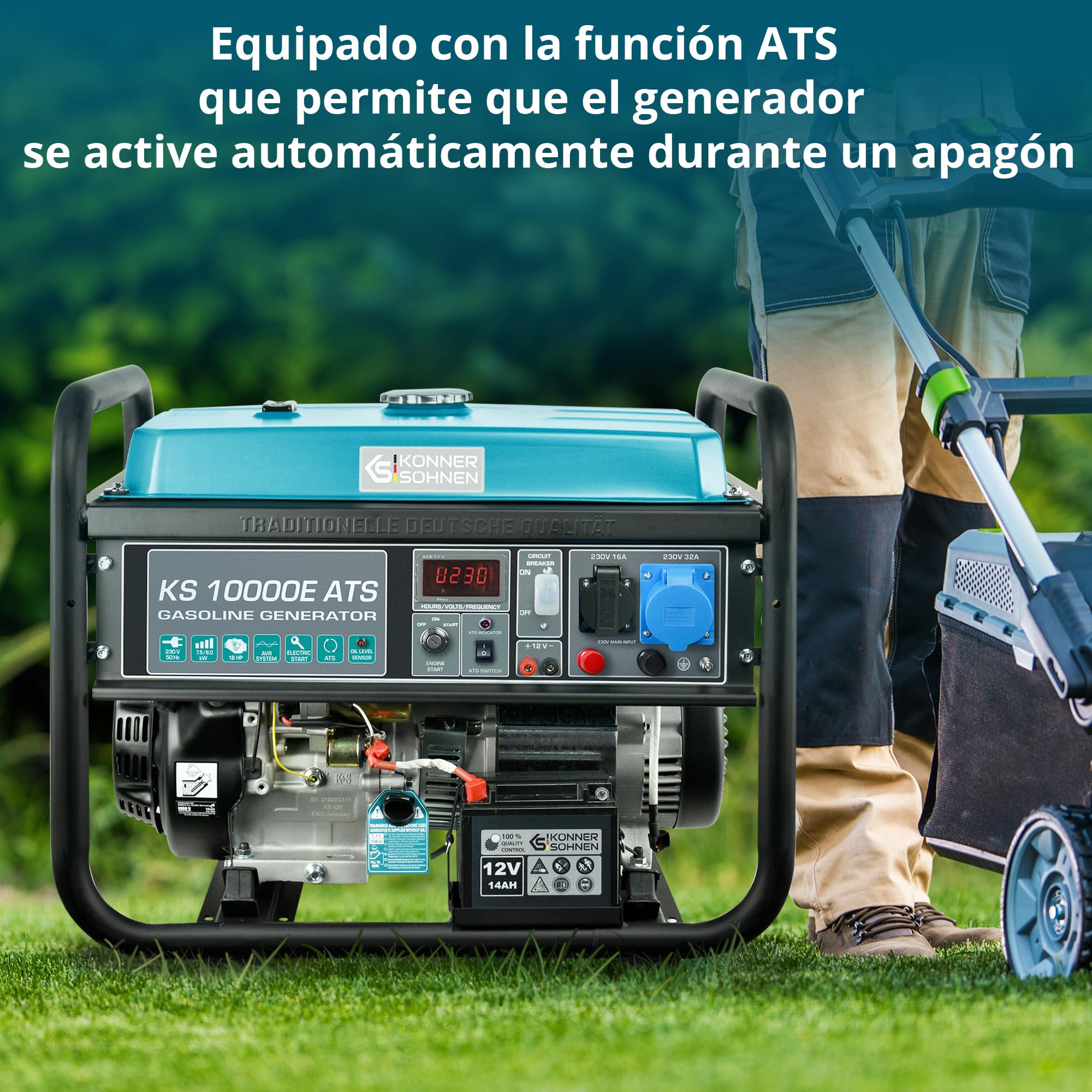 Generador de gasolina KS 10000E ATS con sistema ATS incorporado de una potencia máxima 8000 W, arranque manual/eléctrico/automático, 1x16A, 1x32A (230V), motor original EURO 5