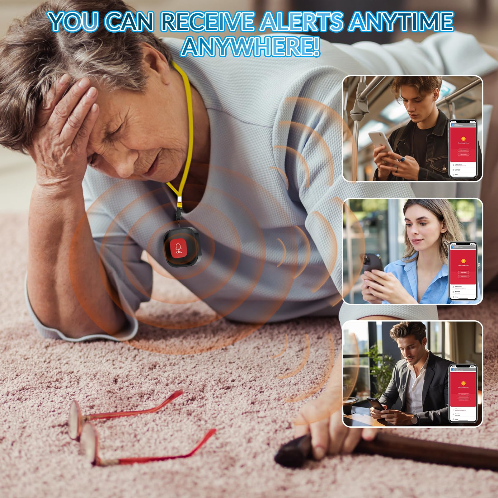 WiFi Pulsante Emergenza Anziani per Anziani Pazienti Disabili | Smart SOS Allarme Pulsante di emergenza, 1 Ricevitore + 3 Pulsante (Supporto solo 2.4GHz Wi-Fi)