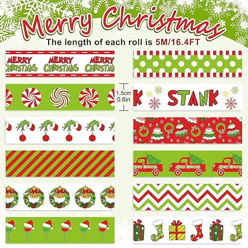 Miniatura 2 de AnyDesign 12 rollos de cinta washi de Navidad, divertidos personajes de dibujos animados, cinta decorativa verde y roja para árbol de Navidad,