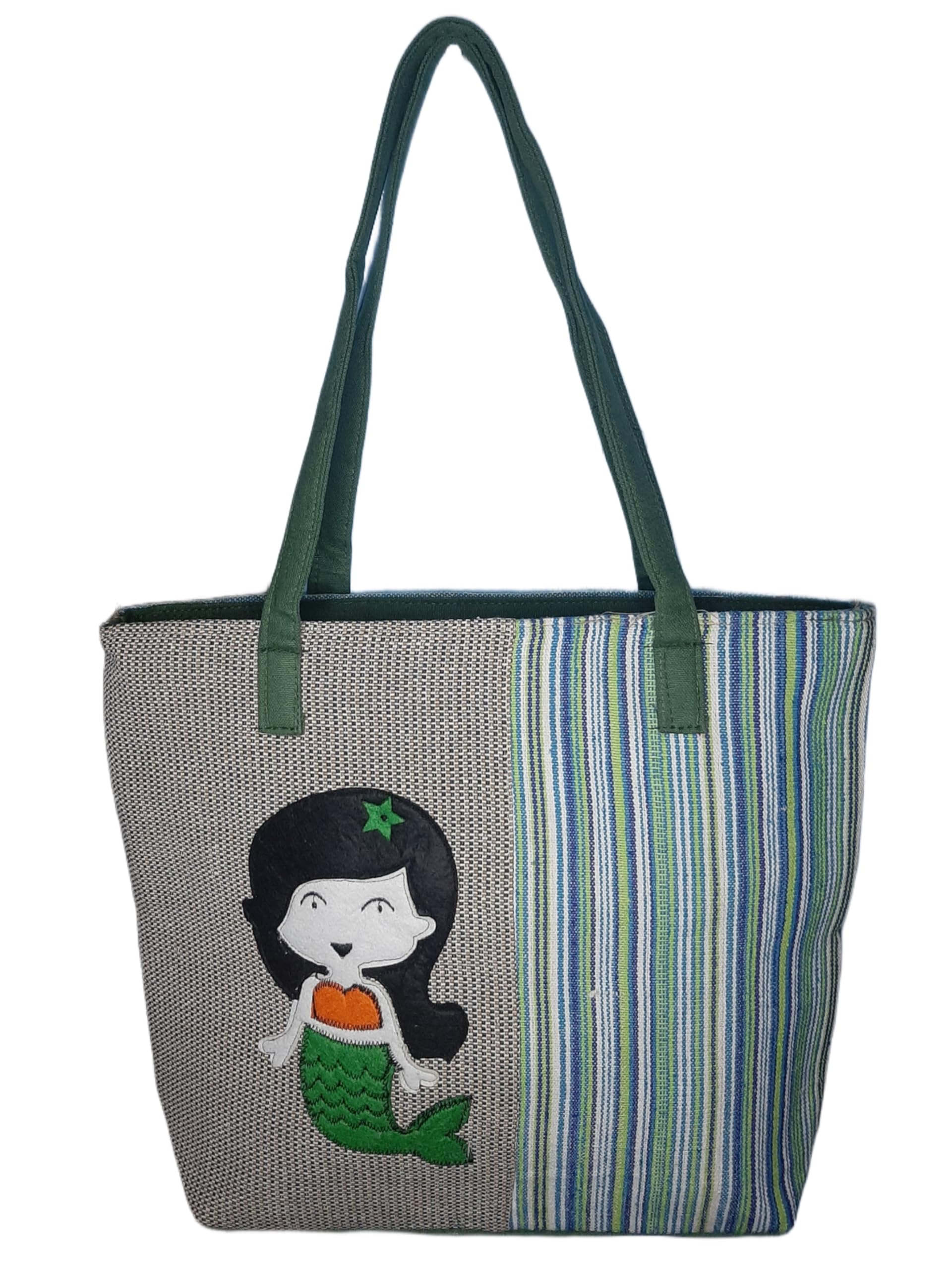 SS Eco-Life Oxford Jute Handbag for Women - Ideal for Office, Travel, and Shopping with Mermaid Princess Design on Stripline Pattern Woven Fabric. (Navy Blue) (B0CR6PQCKL) Amazon Price History, Amazon Price Tracker