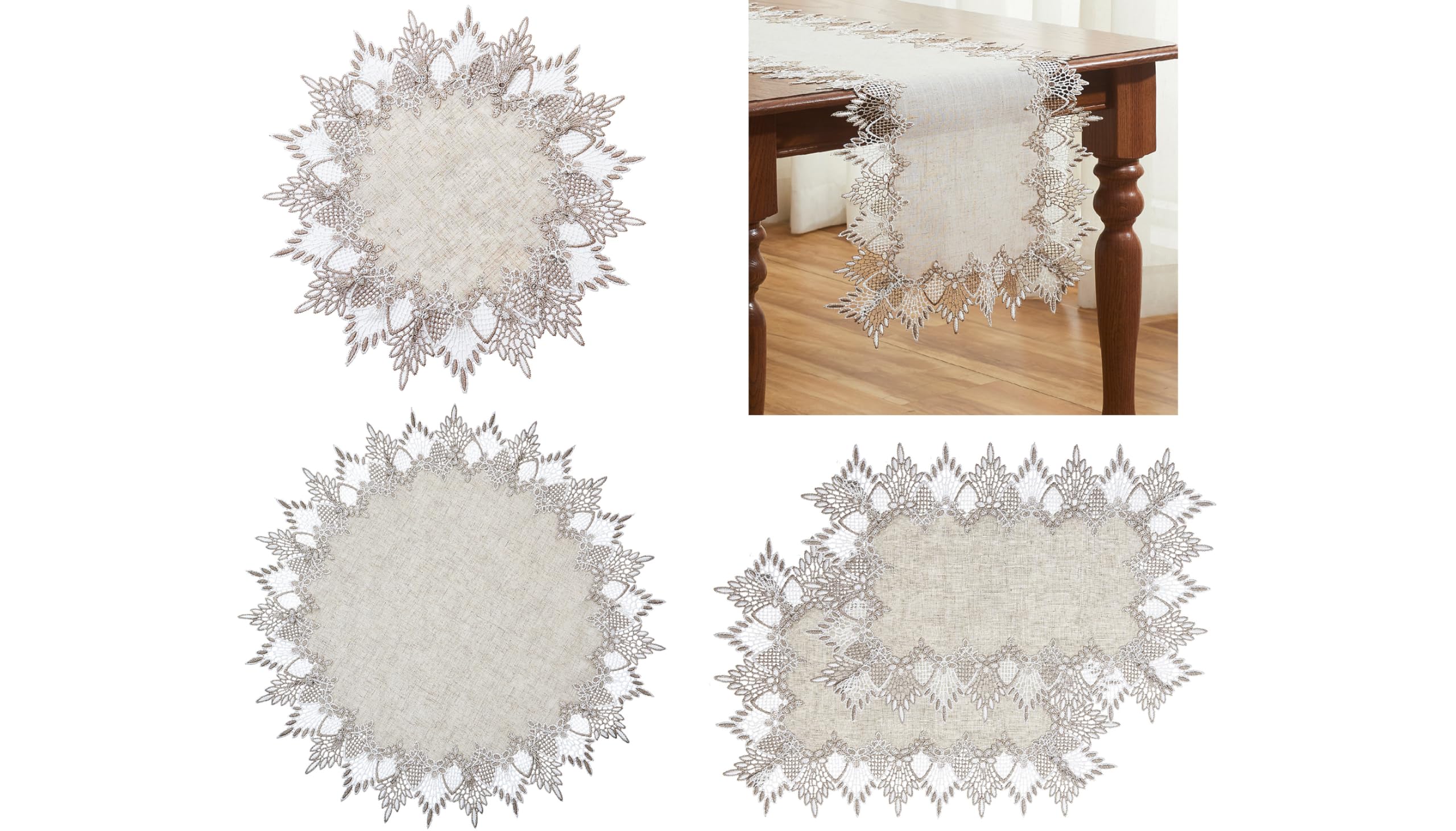 Raedan Natural Neutral Earth Tones Beige Lace Linen Table Runner 36 inches and Doily 15 Round and Doily 24 Round and Placemats 14”x20” Set of 2,Table Topper Dresser Scarf Place Mats