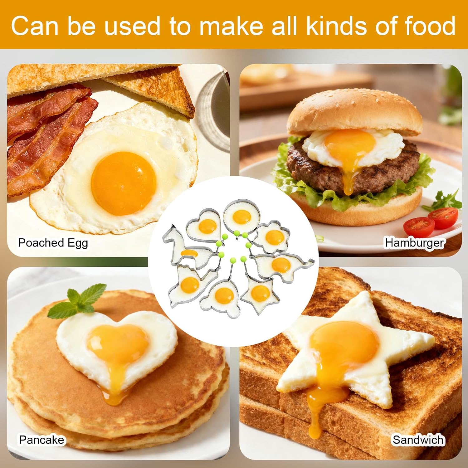 8pcs Set Stainless Steel Egg Rings Molds Non Stick for Cooking Frying Eggs Omelets Egg Shaper Pancake Maker with Handle for Griddle Pan
