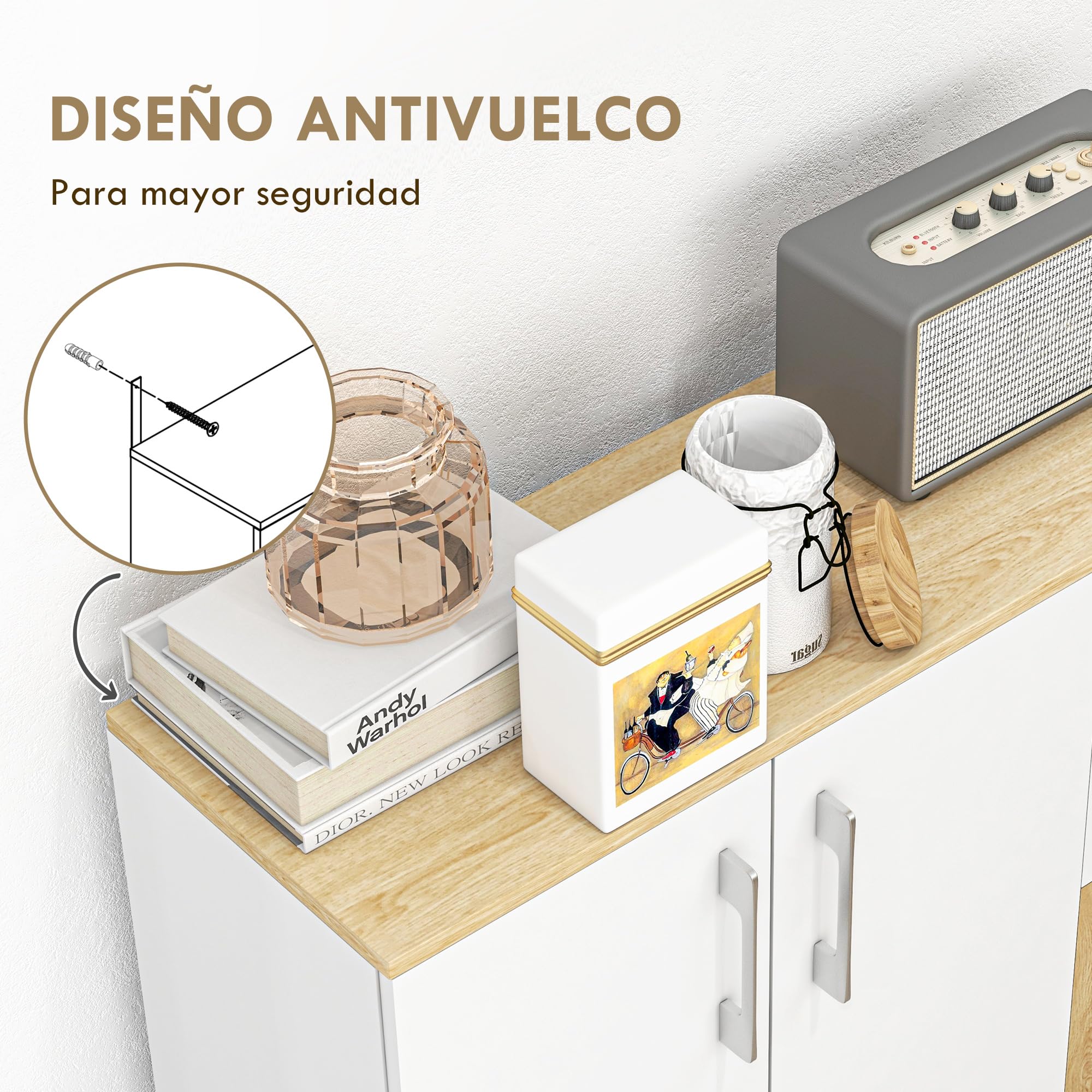 HOMCOM Aparador de Salón Moderno Aparador de Cocina con 2 Cajones 2 Armarios y Estantes Ajustables para Dormitorio Comedor Recibidor 90x30x75,5 cm Blanco y Natural