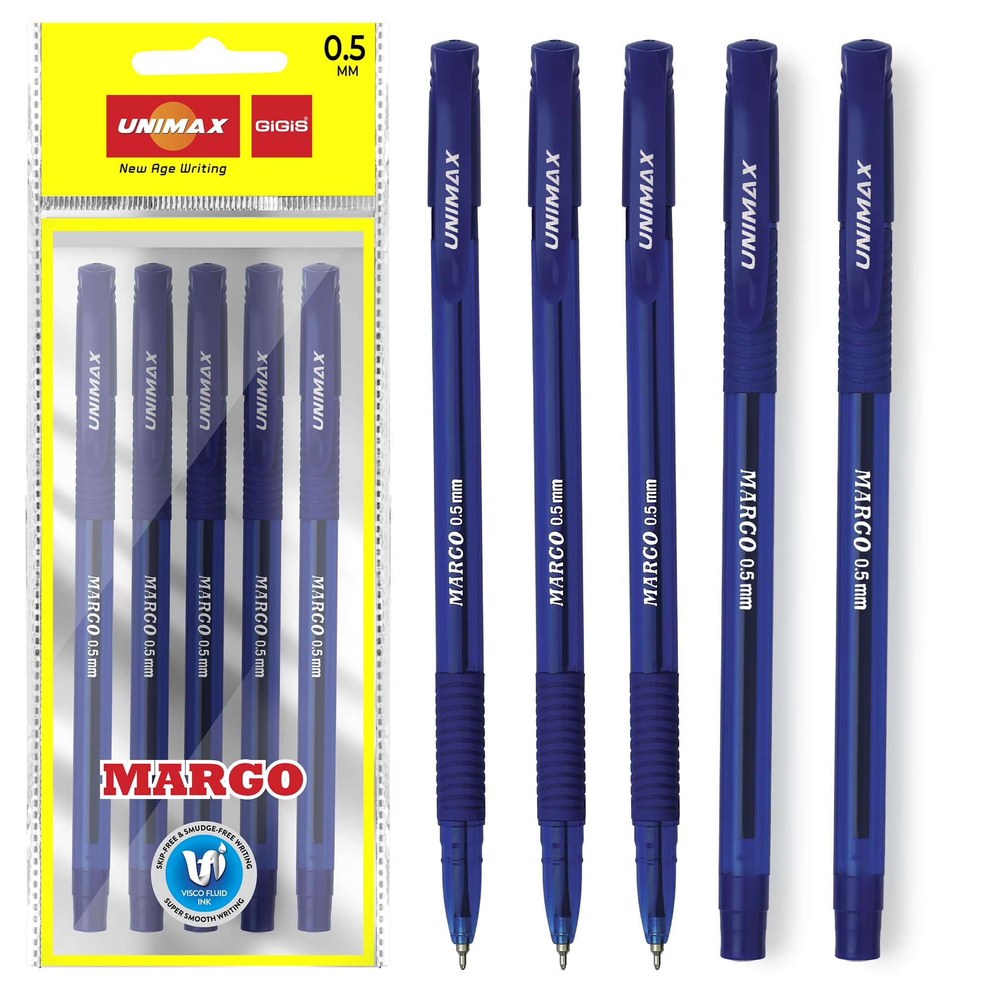 Unimax Margo Ball Point Pen 5-Pieces, 0.5 mm Tip Size Ballpen, Blue