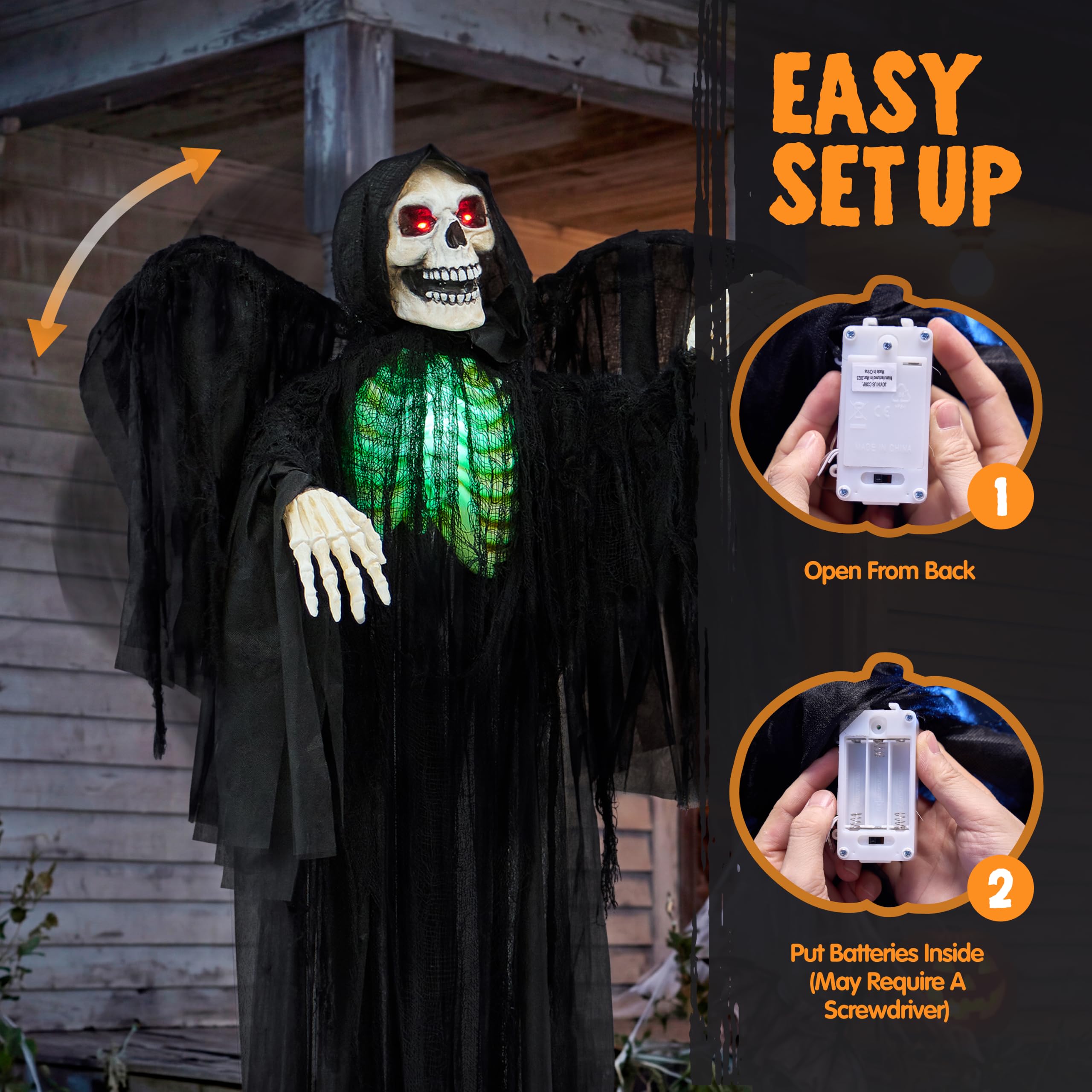 JOYIN 63" Halloween Animatronic Grim Reaper Decoración con alas, Fantasma de pie de tamaño Real con Ojos iluminados, Sonido Espeluznante y Cuerpo móvil