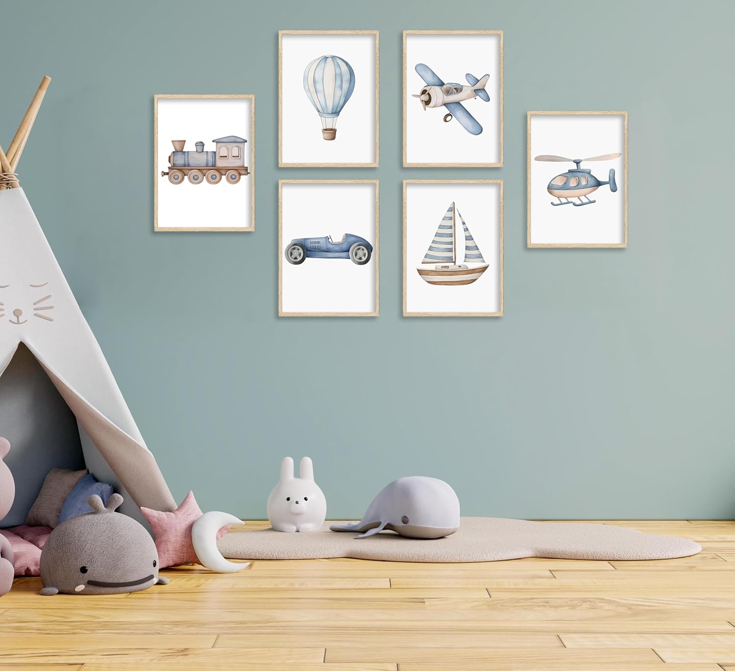 Vintage Baby Boy Nursery Wall Art Blue Transportation Car Airplane Painting Picture Wall Decor Toddler Vehicle Train Boat and Hot Air Balloon Poster Print Artwork for Kids Boys Room Bedroom Decorate