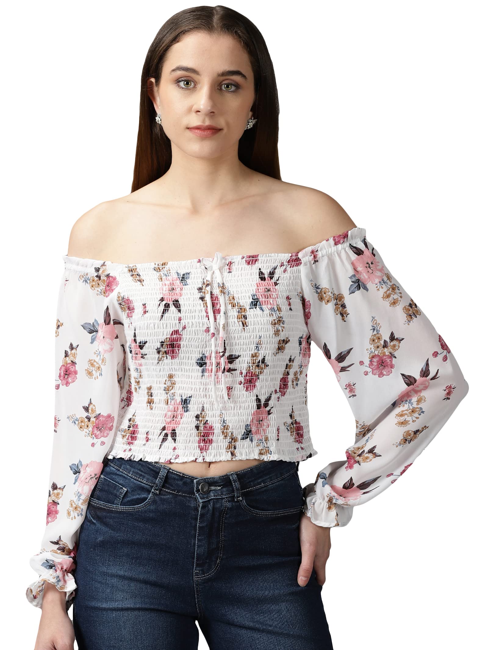 showoffff SHOWOFF Women's Long Sleeves Off-Shoulder White Printed Top-AE-10532_White-picture-27