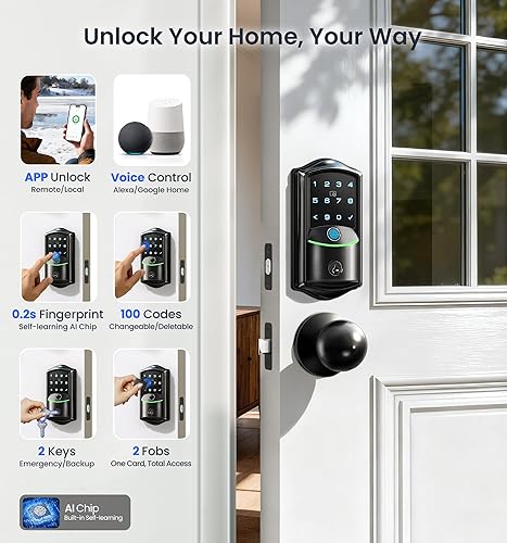 Miniatura 2 de Veise VE027-K - Cerradura inteligente WiFi integrada con 2 perillas, juego de manijas de cerradura de puerta de entrada sin llave para puerta