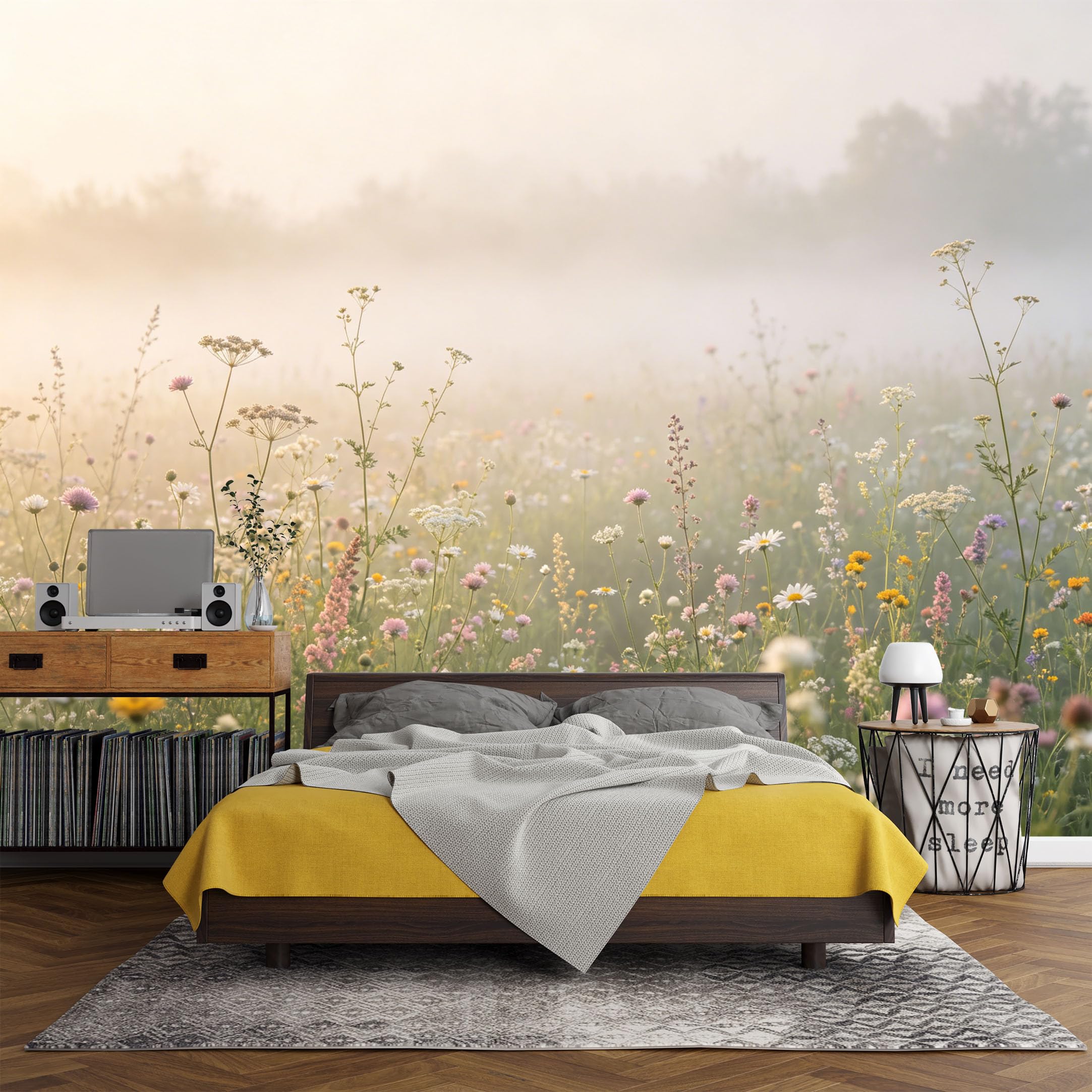 Custom Size Wall Mural， Botanical Wildflower Meadow Morning Mist Landscape，SelfAdhesive Art Prints wall Fabric (No PVC) Removable Wallpaper Living Room Decor