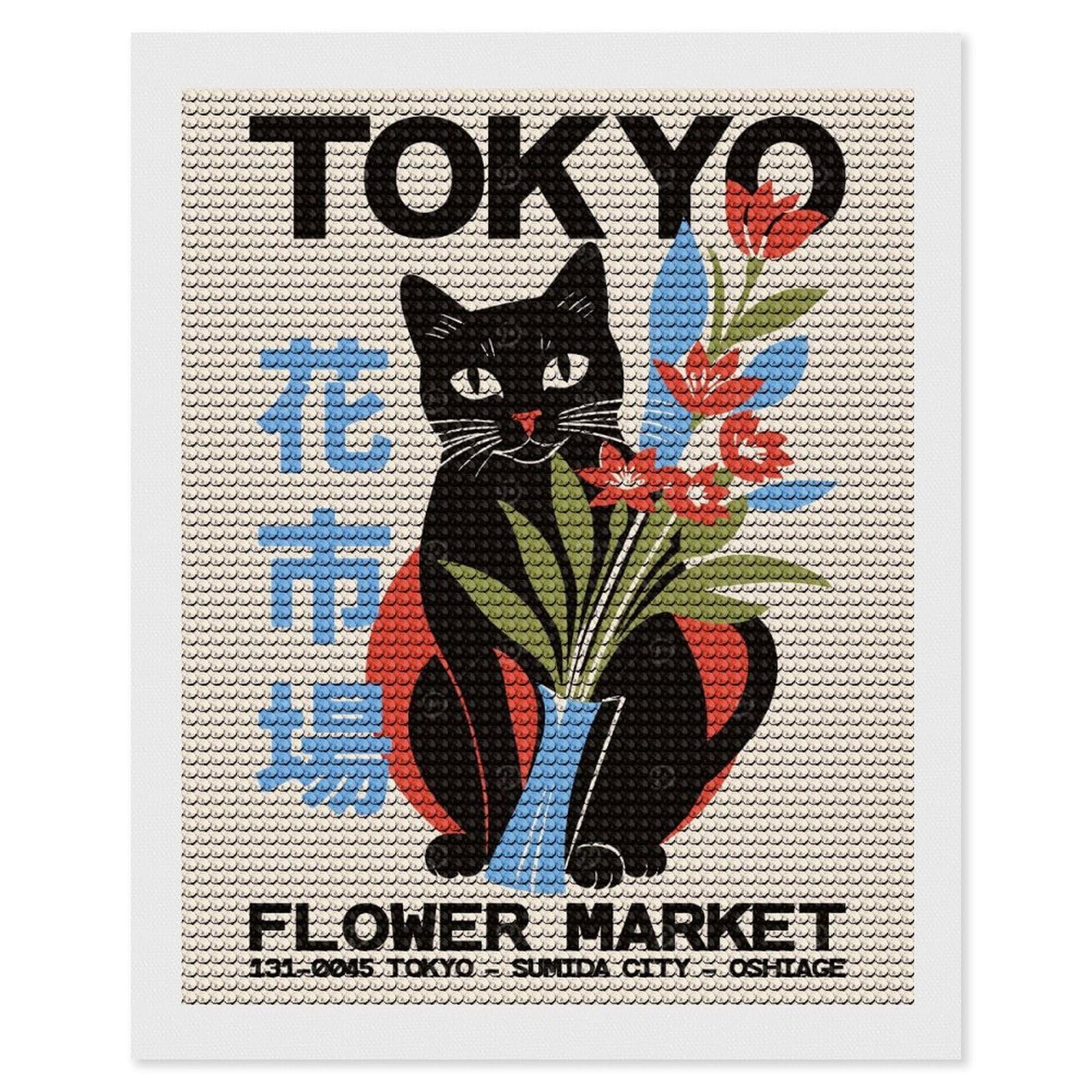 Junmoney Tokyo Flower Market Cat Diamond Painting Canvas Kit 16"x20", Round Gems, Living Room Decor, Seasonal Gift Choice, Modern Decor