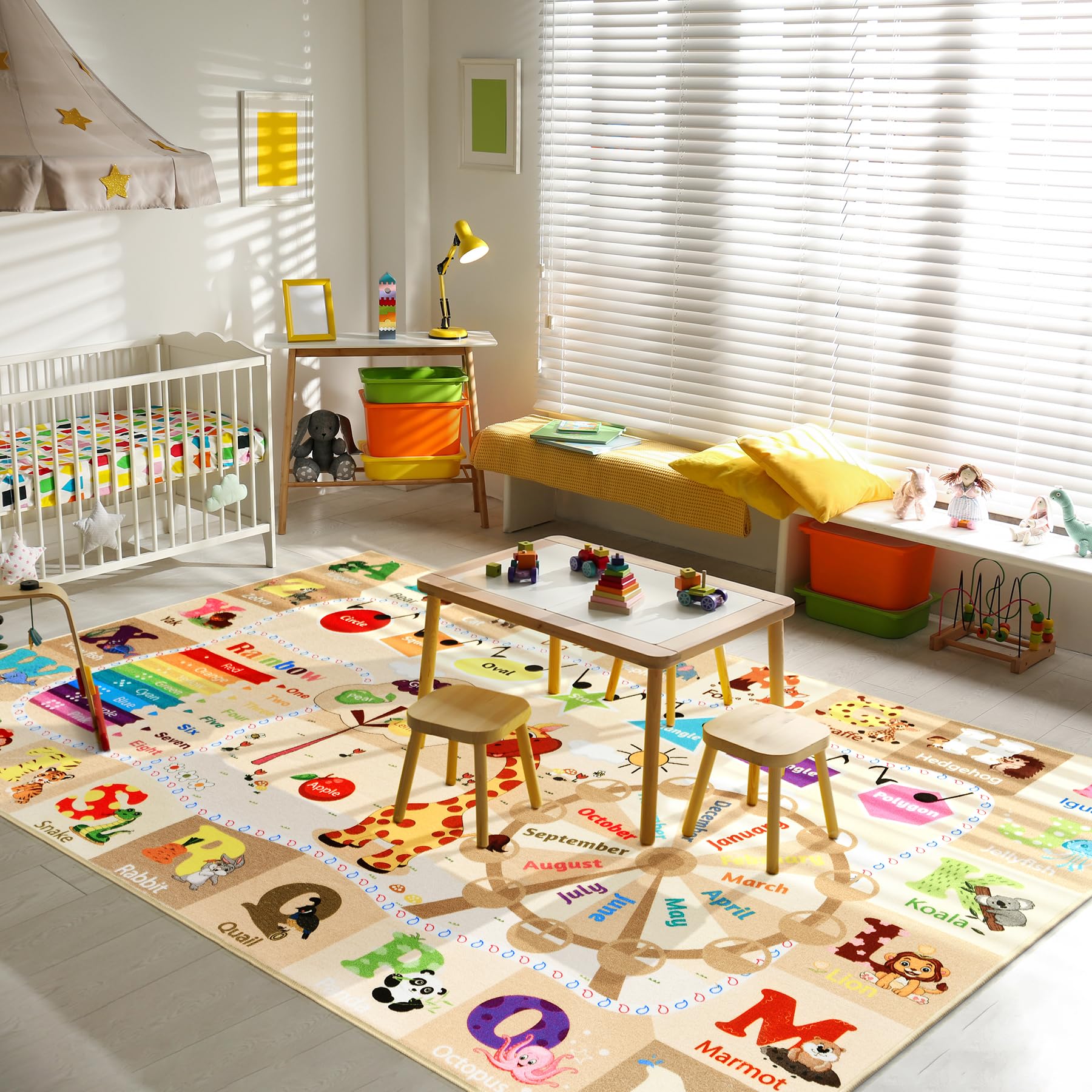 Grand tapis de salle de jeux pour enfants – Tapis éducatif et amusant avec lettres de l'alphabet ABC – Tapis lavable pour salle de classe – 152 x 24 cm – Beige