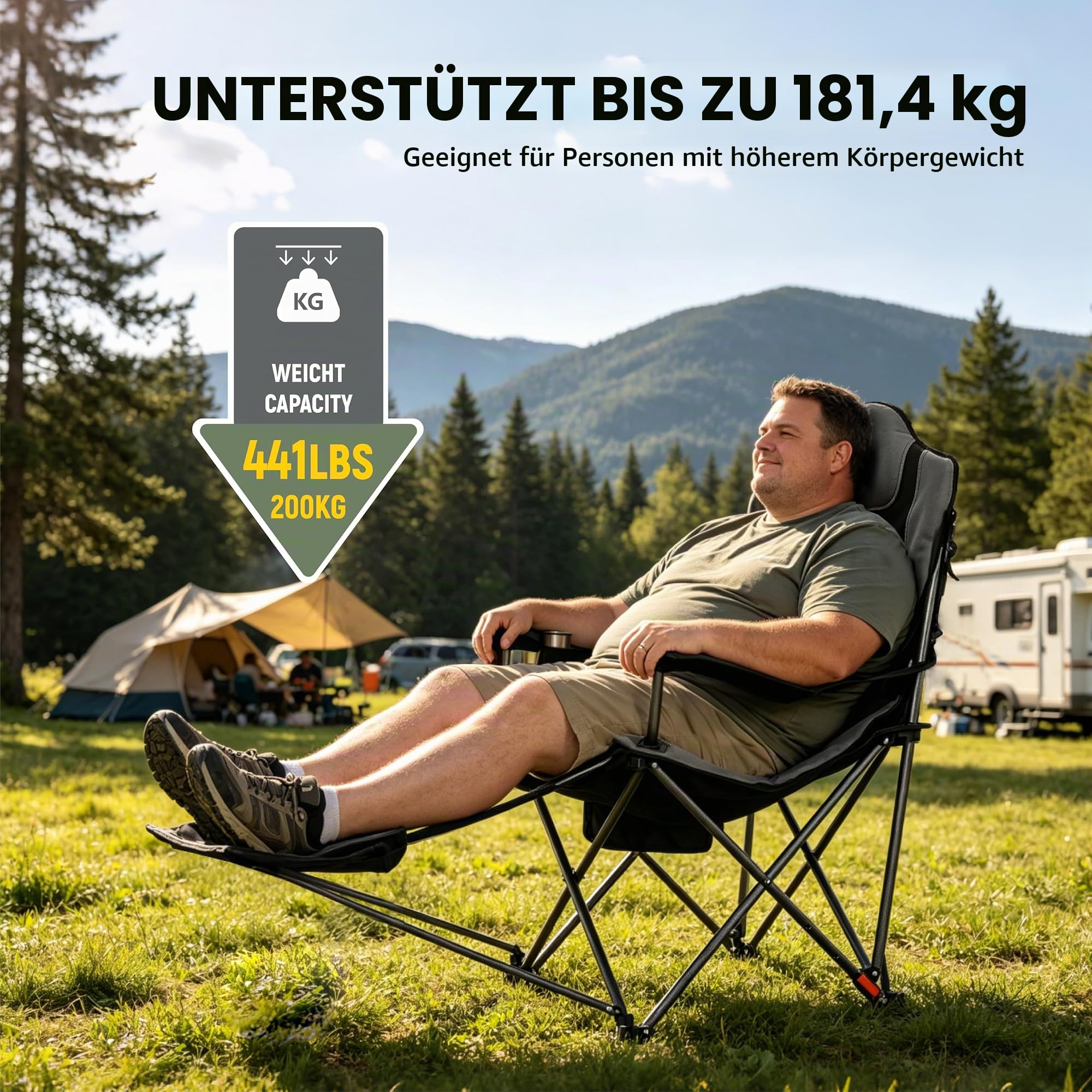 OUTSIDER Schwerlast Campingstuhl mit Fußstütze 200kg, 3-Position Klappstuhl, Getränkehalter, obere Reißverschlusstasche & Seitentasche, tragbar für Camping, Angeln, Wandern 1pc (Black-4)