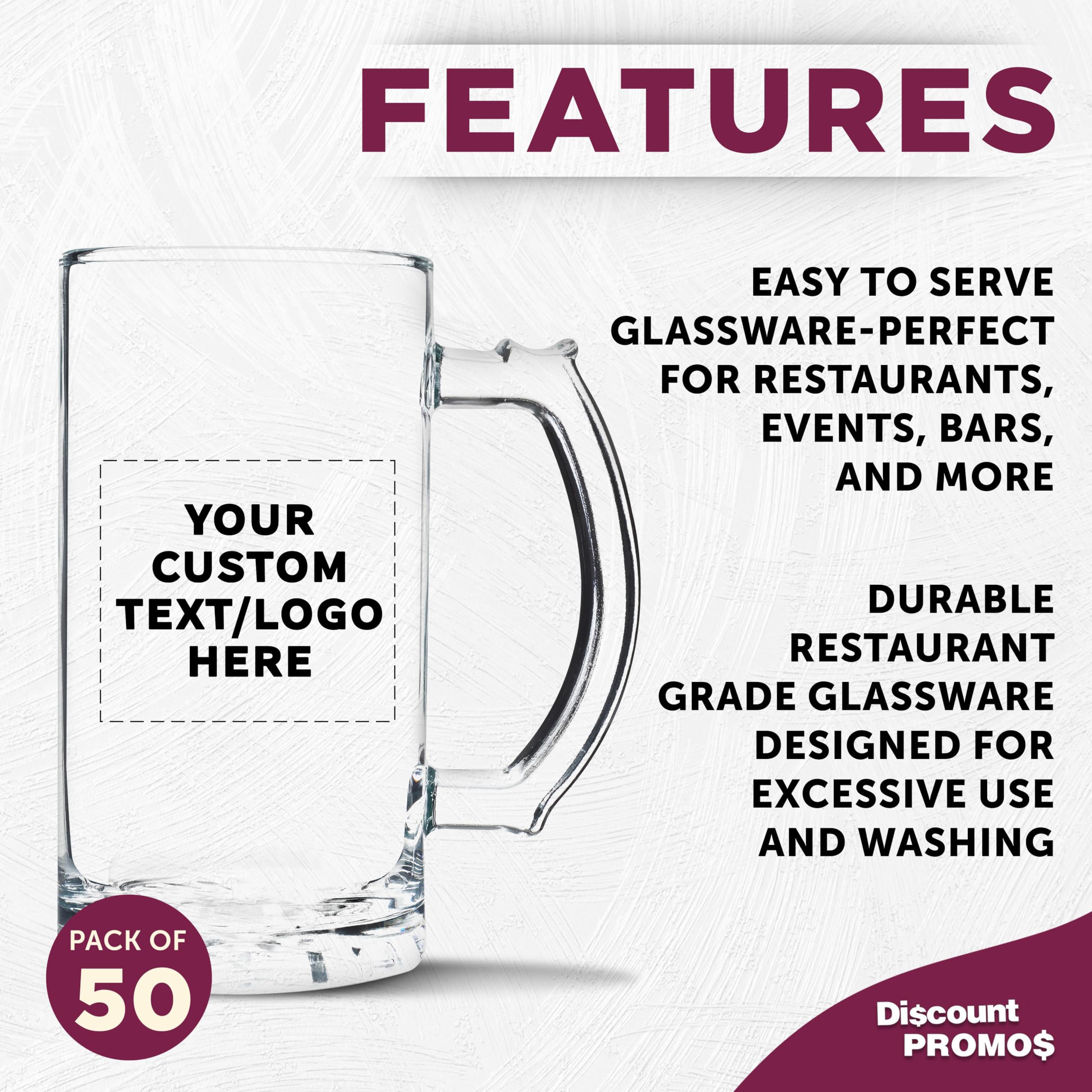 DISCOUNT PROMOS Custom Glass Beer Mug 16 oz. Set of 50, Personalized Bulk Pack - Great for Wedding Favors, Groomsmen Gifts, Birthday Gifts - Clear