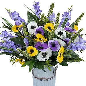 28 Stems Cemetery Flowers for Grave Fake Silk Lilac Flowers 18.50" Artificial Pansy with Wildflowers Artificial Plant Purple Living Home Garden Table Centerpieces Decor