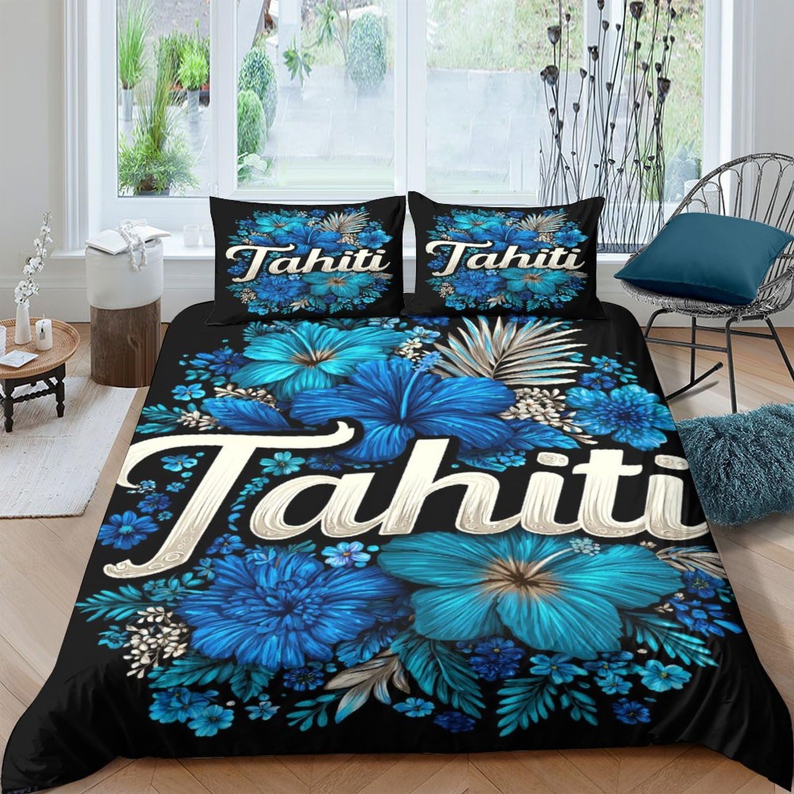 Ctjqhvkz Style-6 3D Printed Blue Tropical Flower Fitted Sheet Microfiber Soft Non-Slip Black Tahiti Bed Cover For Bedroom Guest Room Single（135X200cm）