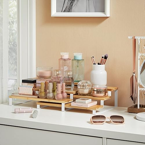 Miniatura 7 de SONGMICS Paquete de 2 estantes de gabinete y estante de especias de 3 niveles, estantes de metal para encimera de cocina, soporte extensible para