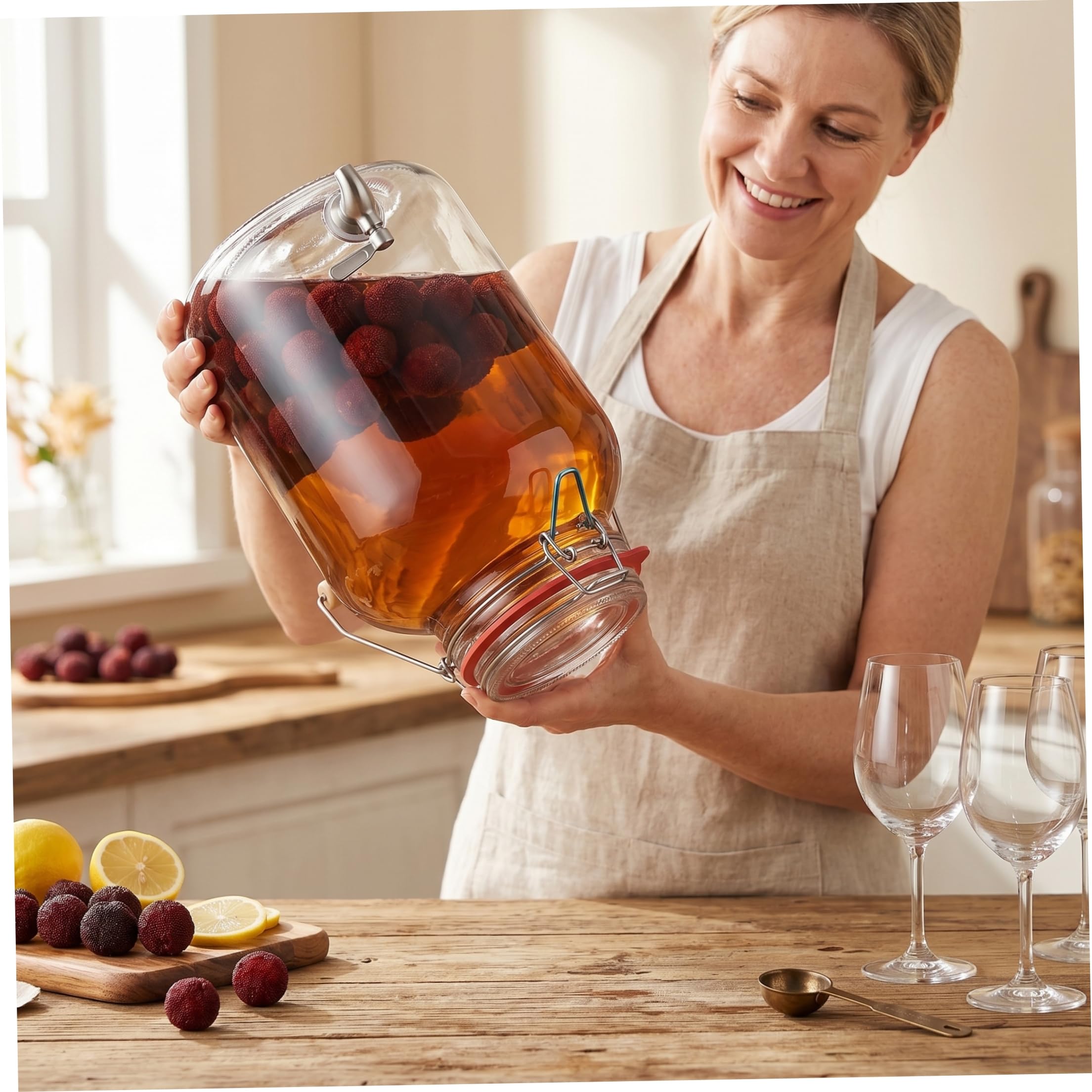 Dispensador de bebidas de vidrio, jarra de agua de 5 litros con espiga y mango de bambú, dispensador de bebidas para fiestas, transparente