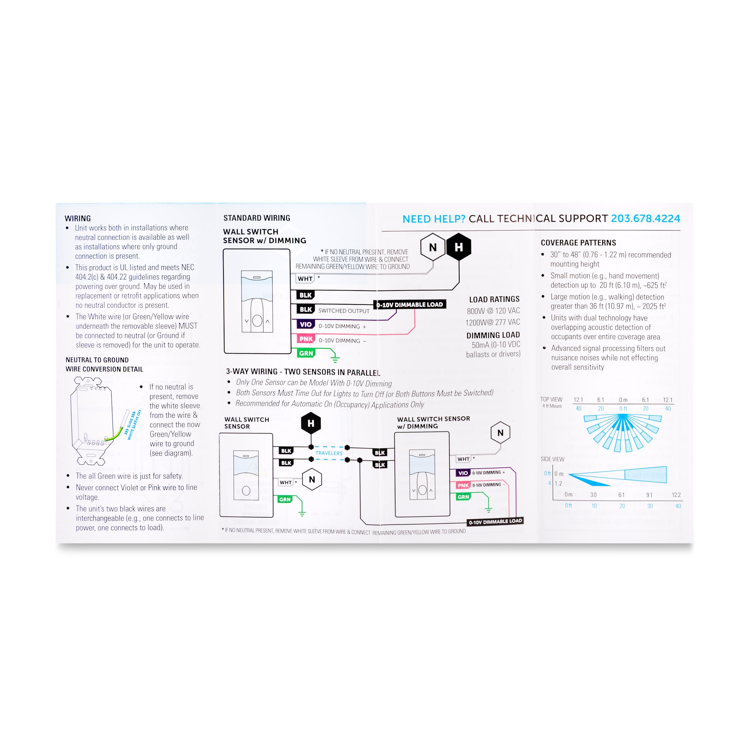 Détecteur de mouvement d'occupation avec variateur d'intensité 0-10 V, SWX-103-D-WH, détection PIR, mode manuel (mode vacance), 120/277 V, 800 W/1200 W, 1 pôle, pas de neutre nécessaire