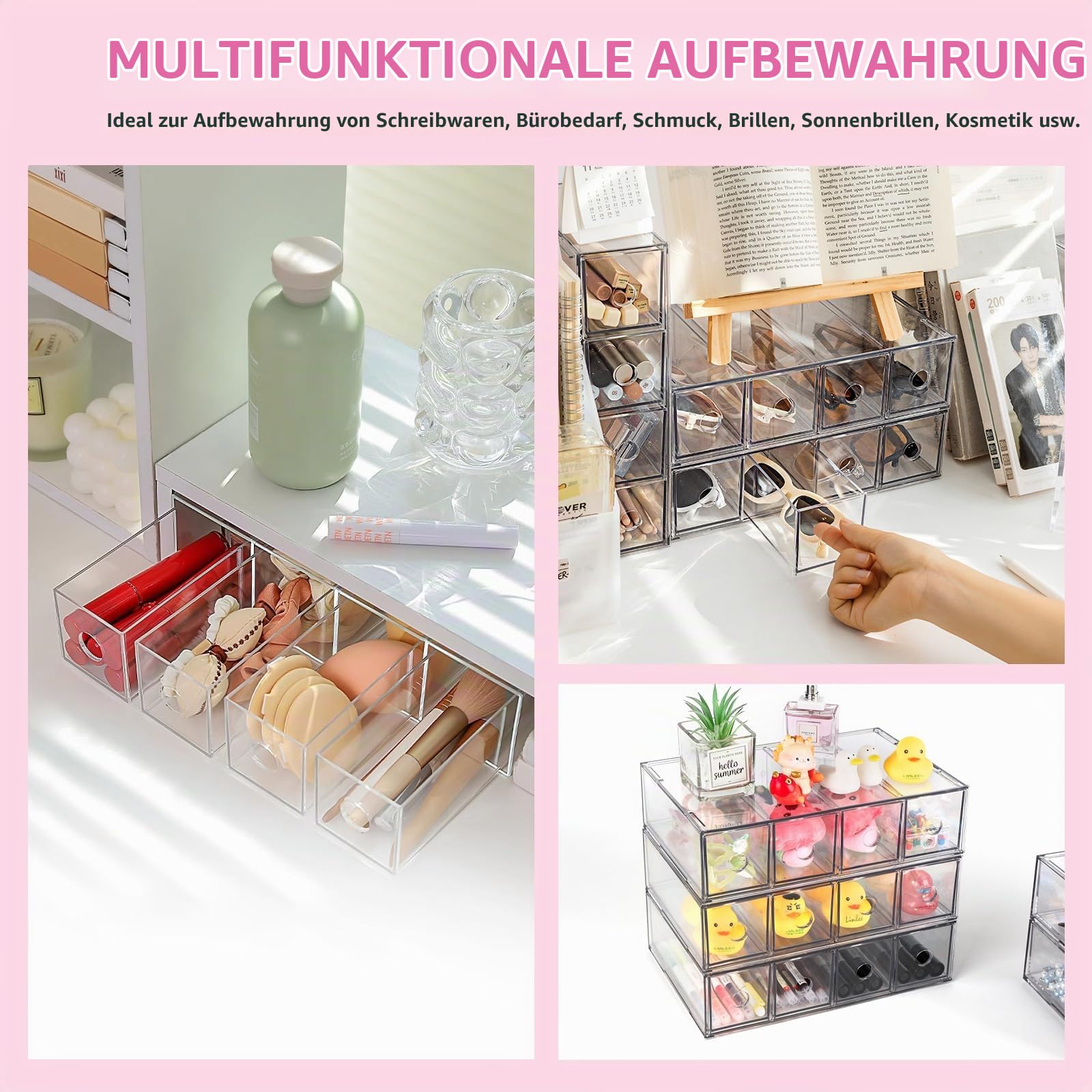4 Stück Schubladenorganizer mit 16 Fächern Schubladenbox Stapelbar Schreibtisch-Organizer mit Herausnehmbarer Schublade Aufbewahrungsbox Multifunktion für Schreibwaren, Mark, Büro,Sonnenbrille