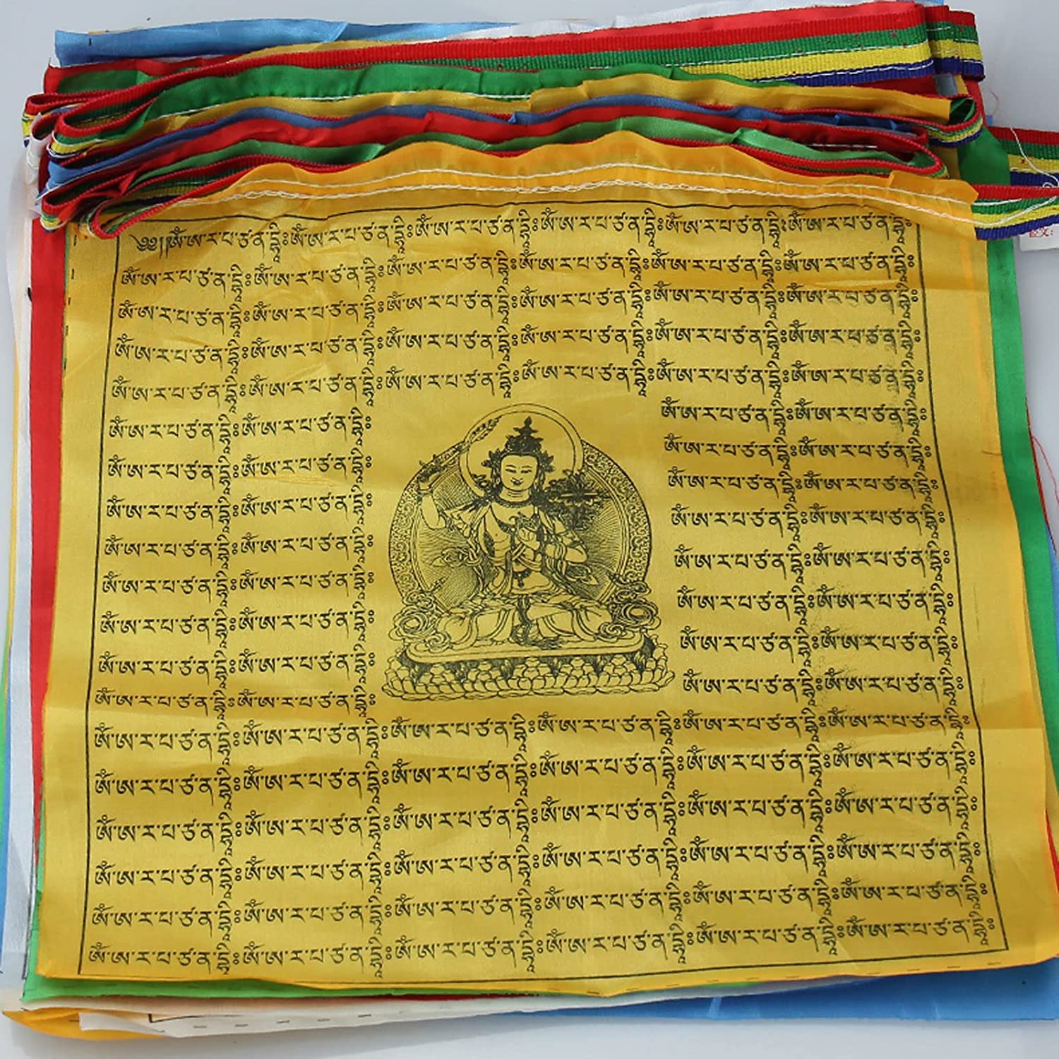 Tybetańskie flagi modlitewne/medytacja, wystrój wnętrz zen, na zewnątrz, duże flagi modlitewne Fairtrade na długim sznurku, każda flaga ma wymiary 28 × 27 cm, jest ich łącznie 30, a całkowita długość