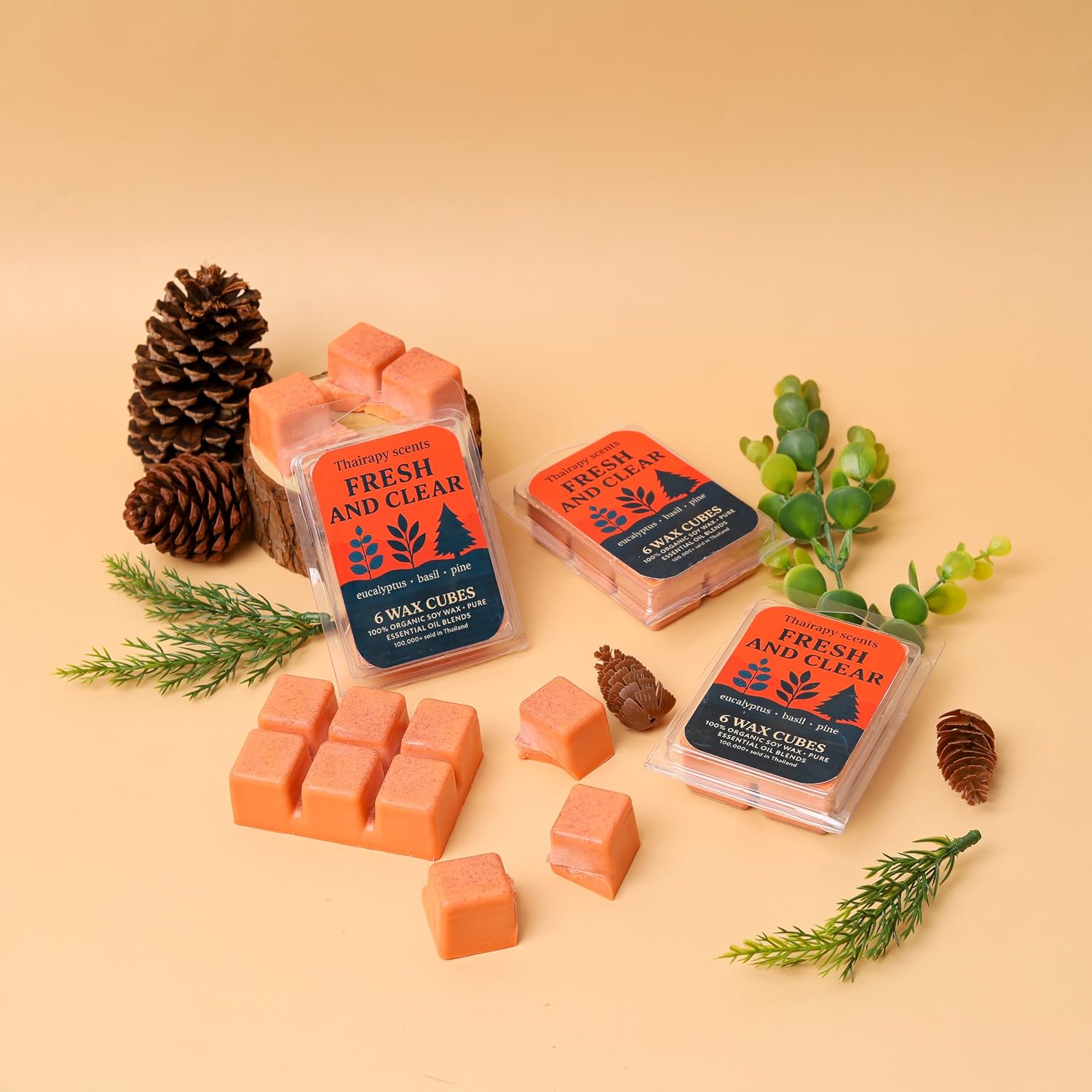 (Hand Poured in Thailand) Thairapy Scents Wax Melts, Premium Scented Natural,7.5oz (18-Cubes) Includes: Energetic, Green Herb Garden, Fresh & Clear (Breath Thai Collection)