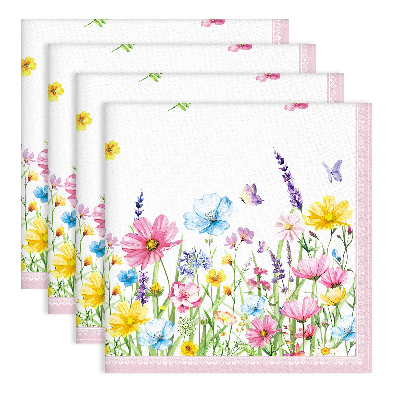 Arquiel Wildflower Napkins, 18×18 Inch Butterfly Dinner Cloth Napkins Set of 4, Washable Cotton Soft Absorbent Square Napkins for Dining Kitchen Party