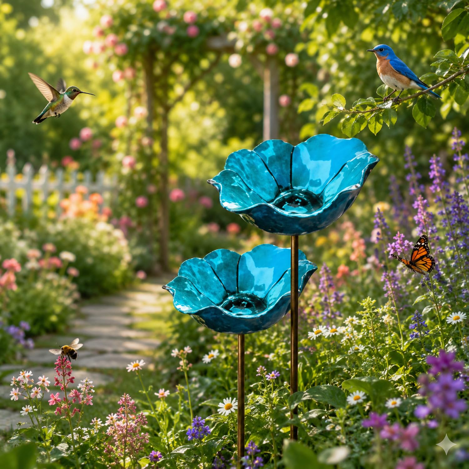 Handcrafted Bird Bath and Feeder – Shallow Metal Flower Garden Stake, Weatherproof Outdoor Water Bowl for Hummingbirds, Bees and Pollinators, Rust-Resistant Hand-Painted Yard Art (3, blue)
