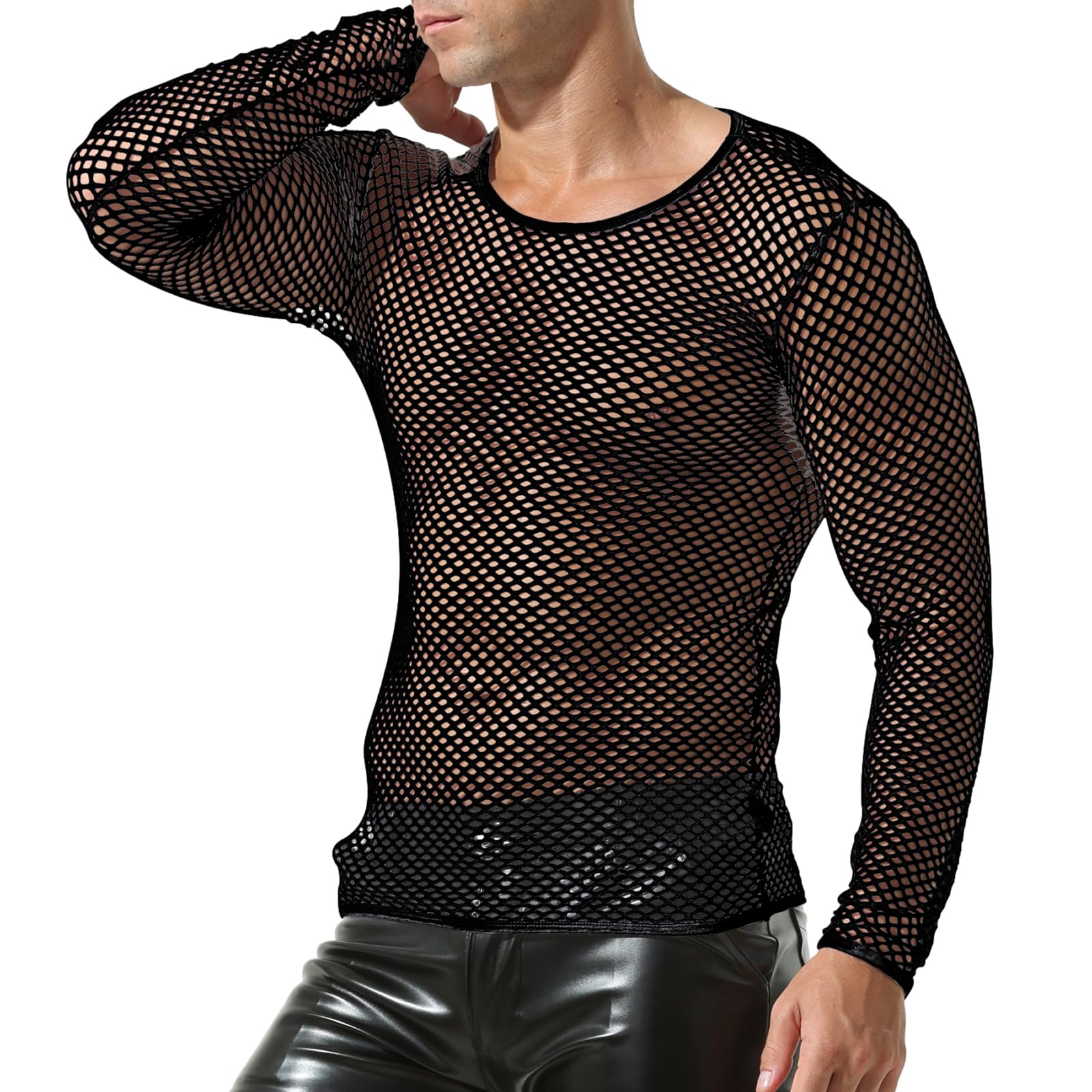 QiaTi Hommes T-Shirt à Manches Longues Transparent en résille pour Hommes Chemises Transparentes Maillot de Corps en Maille à Manches Longues