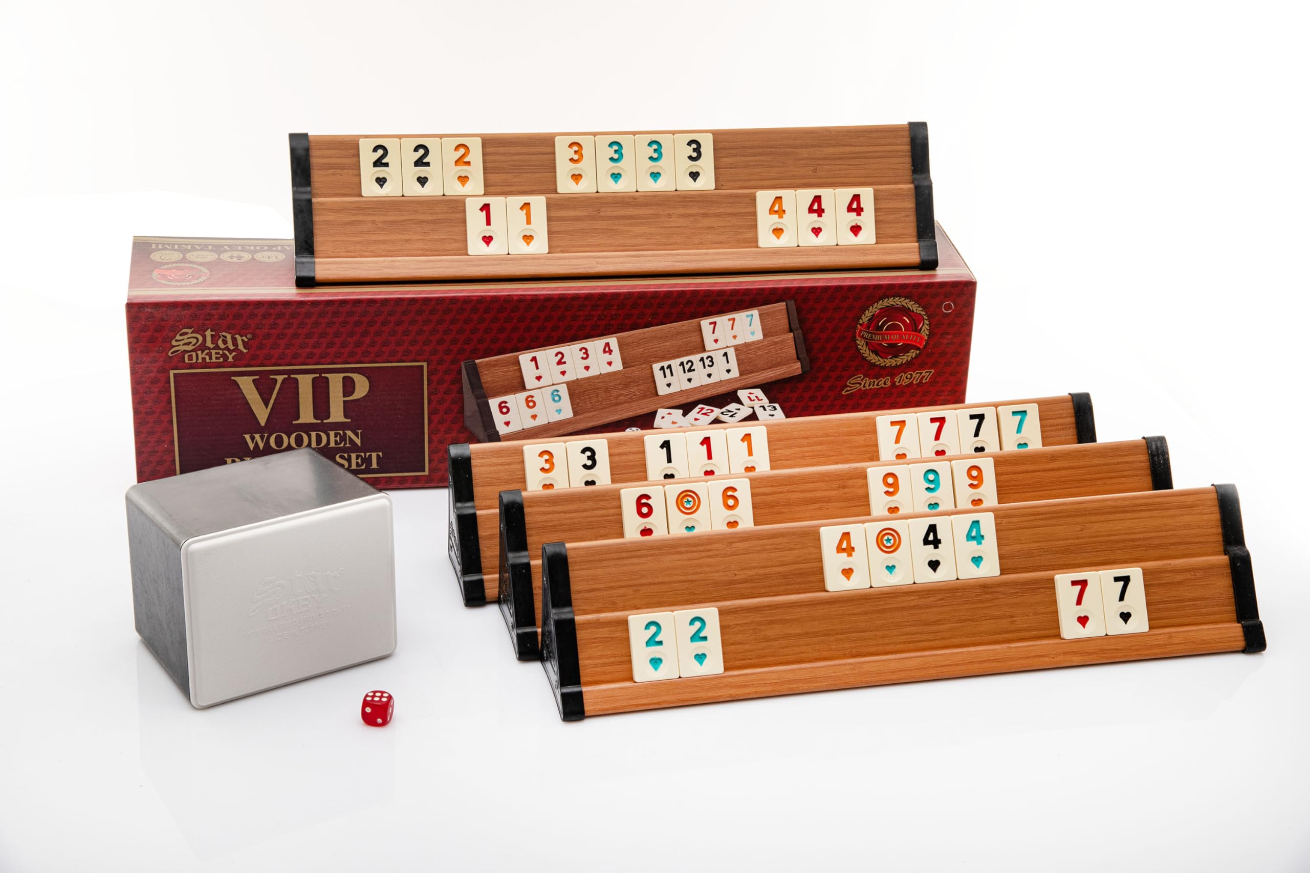 Rummy Spiel Set aus Holz mit Melamin Steinen | Rommé Star Okey Deluxe VIP hell Gesellschaftsspiel Legespiel mit Würfel