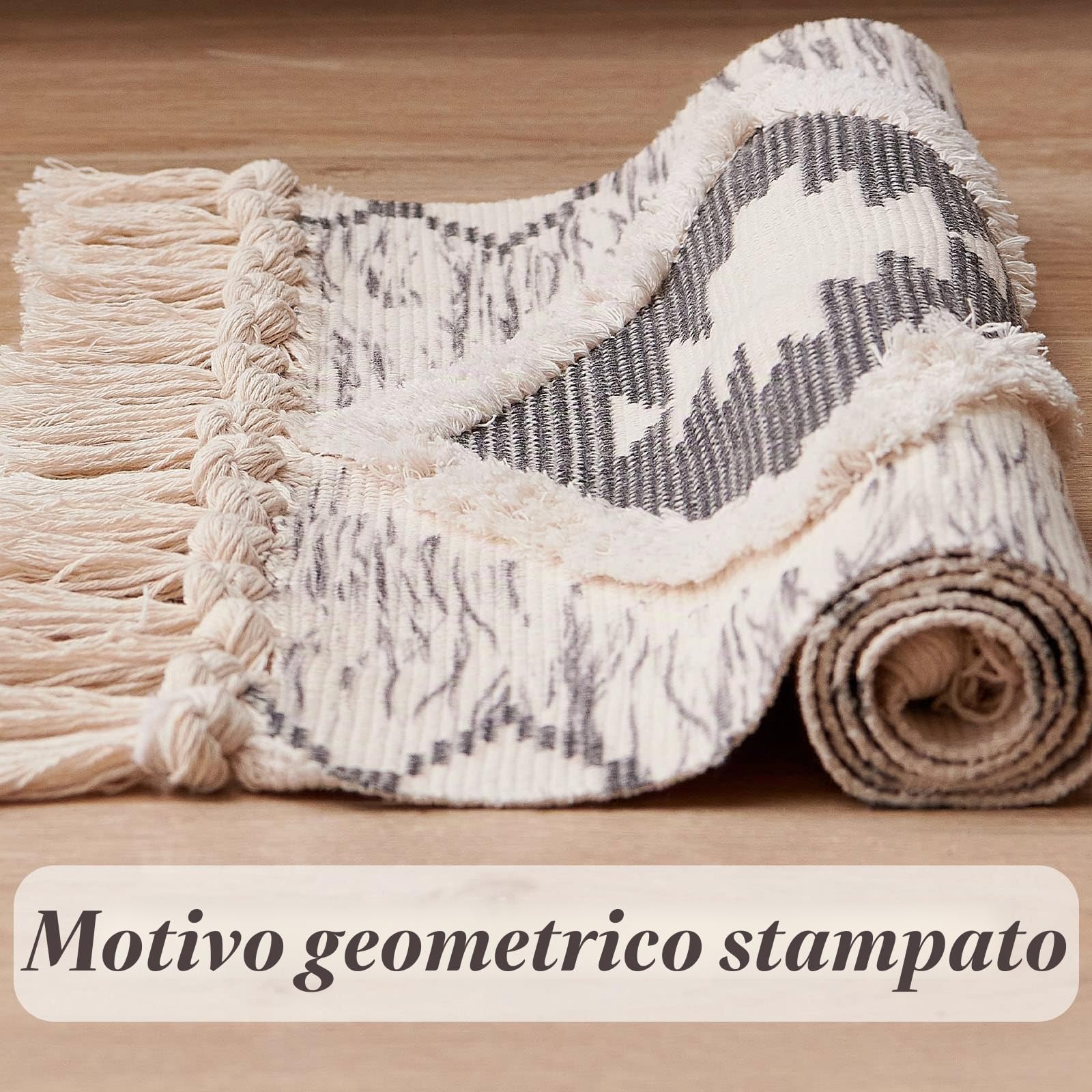 Tappeto in cotone trapuntato, lavabile con nappe, copriletto geometrico shag, in tessuto bohémien, per lavanderia/camera da letto (60 x 180 cm, grigio) (EU-JM-SLH)