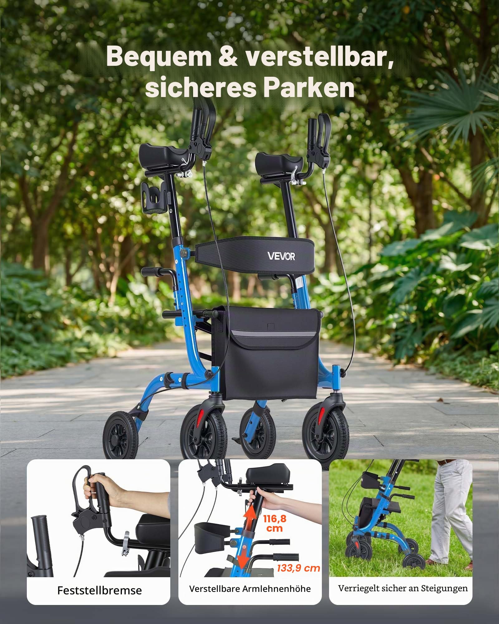 VEVOR Rollator Faltbar mit Sitz, Leichtgewicht Gehwagen mit 4 PU Reifen, Gehhilfe bis 136 kg mit Rückenlehne Tasche Gehstockhalter, Höheverstellbare Laufhilfe mit Feststellfunktion für Senioren, Blau