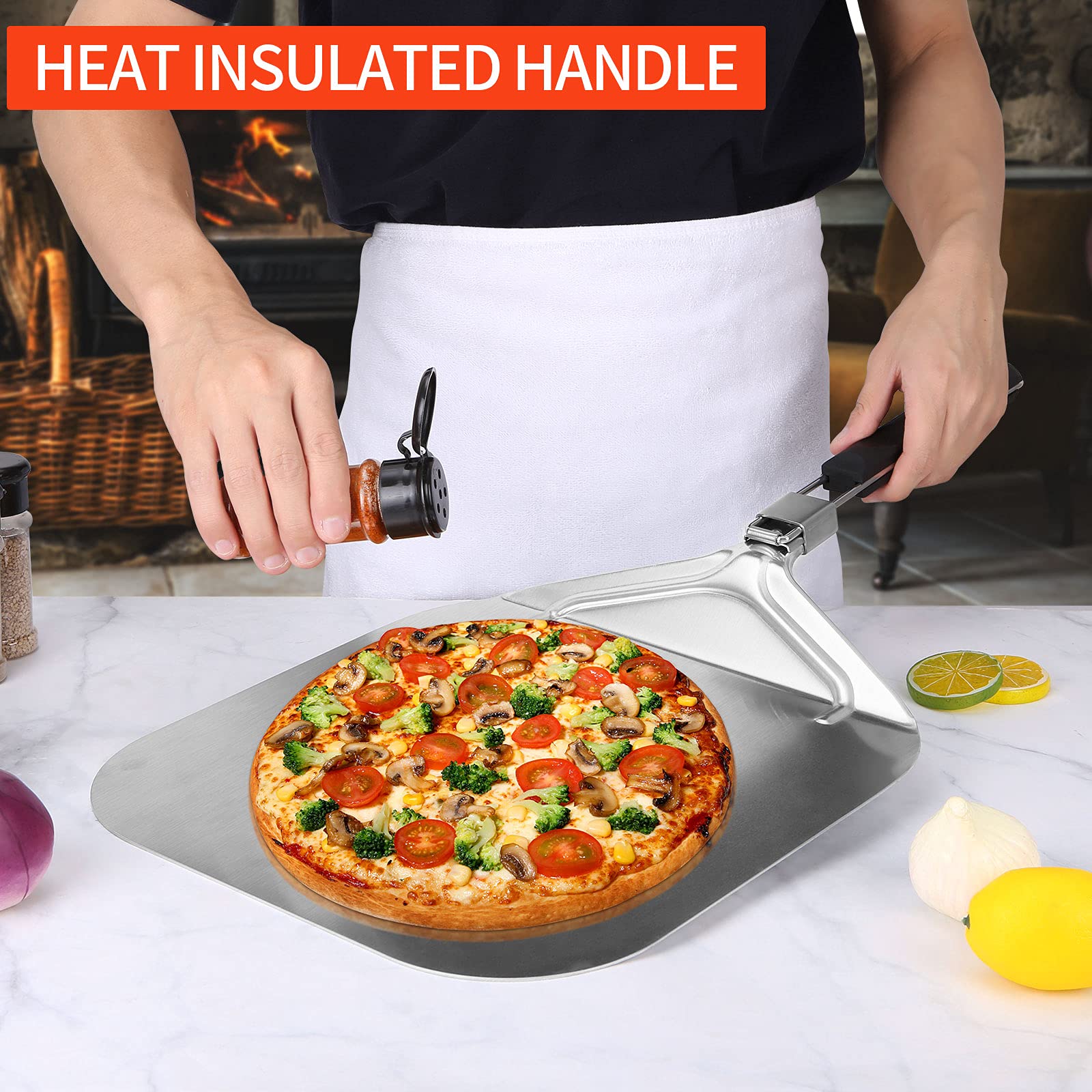 Pala per Pizza Corta, Professionale 63,2 x 32cm, Supporto di una Grande Superficie, con Manico Forata Pieghevole per Forno e Barbecue per Cuocere Pane, Longueur Totale 63,2cm