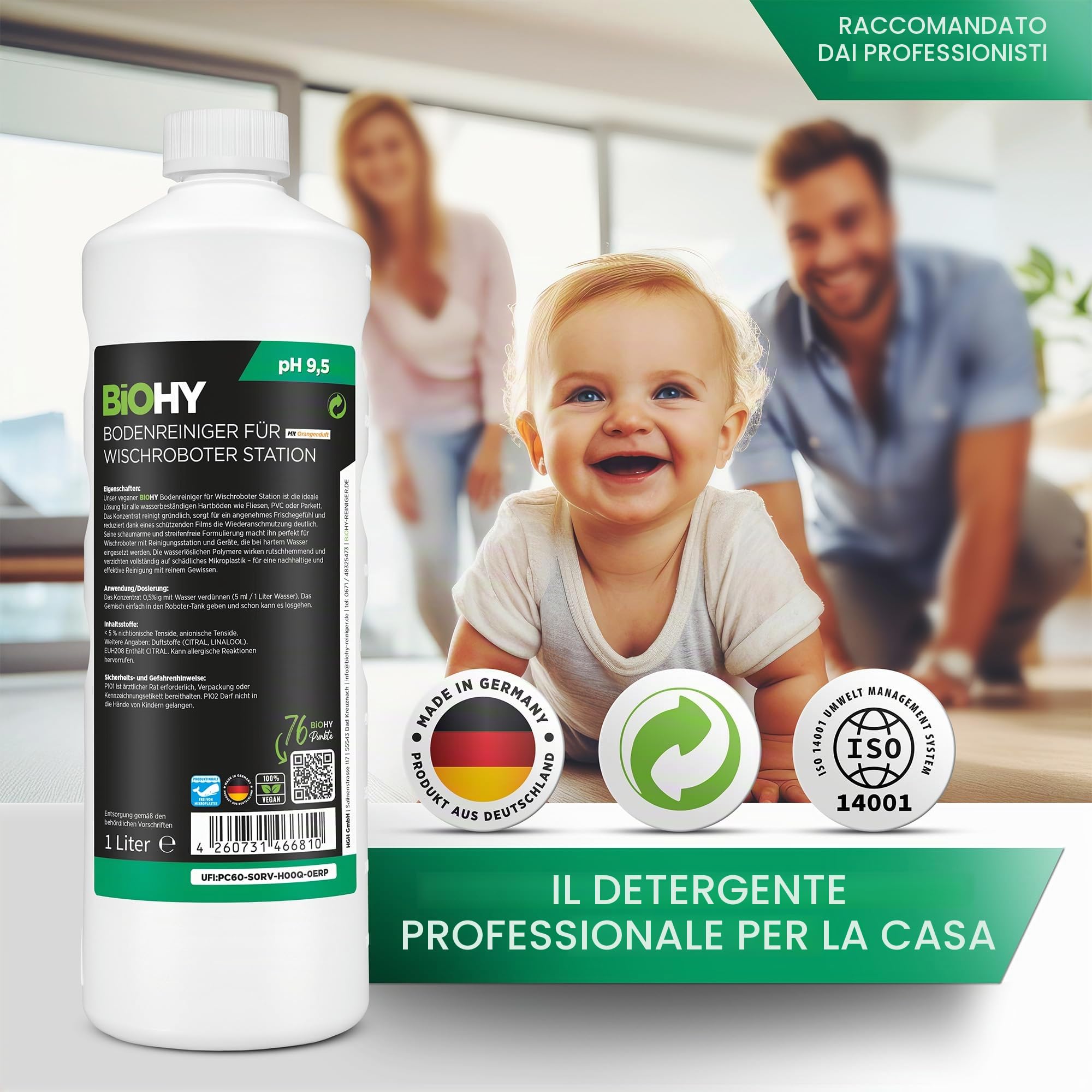 BiOHY - Detergente per pavimenti per stazione robot lavapavimenti, con profumo arancione (9 x 1 litro) + dosatore, concentrato per tutti i tipi di pulizia e robot aspirapolvere con funzione bagnata, a