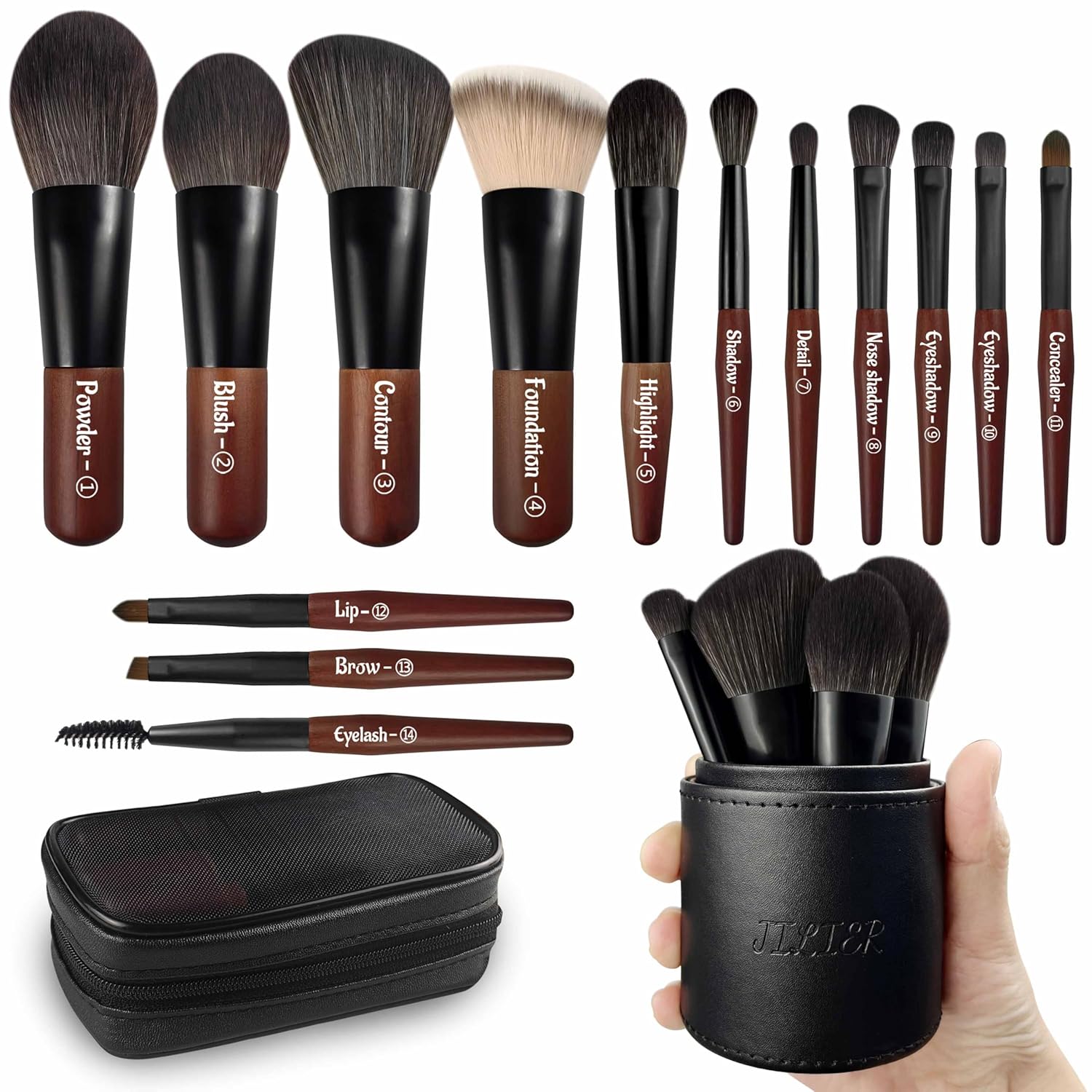 Jilier Travel Makeup Brush Set, 14 pcs Mini Makeup Brushes for Foundation, Powder, Eyeshadow, Highlight, Contour, Blush & Concealer, Small Makeup Brush Set Purse Size with Case Jilier Travel Makeup Brush Set, 14 pcs Mini Makeup Brushes for Foundation, Powder, Eyeshadow, Highlight, Contour, Blush & Concealer, Small Makeup Brush Set Purse Size with Case