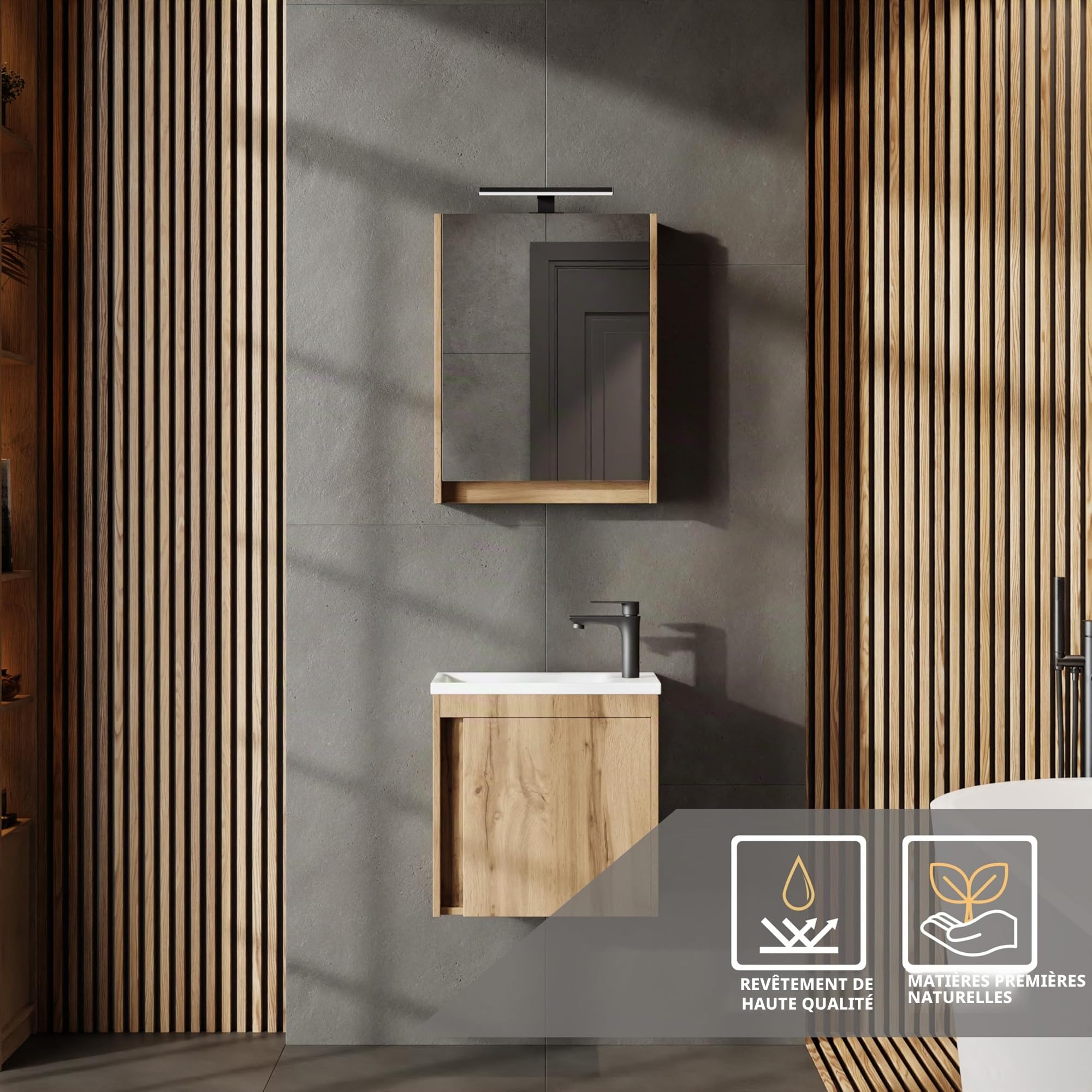 Planetmöbel Ensemble de Meubles de Salle de Bain 2 pièces Lavabo avec Meuble sous Vasque 50 x 48,3 x 24,8 cm Chêne Wotan, Meuble sous lavabo avec Vasque à Poser Blanche