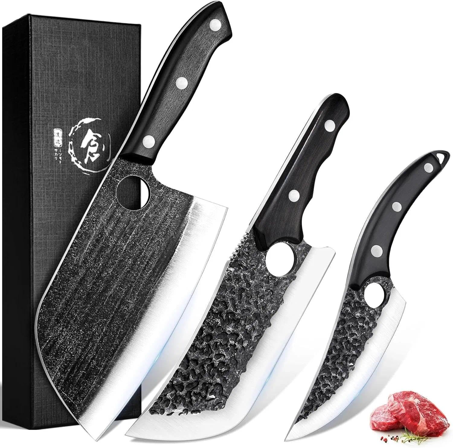 TIJERAS Butcher Knife Set For Meat Cutting, 3PCS Hand Forged Cooking Knives Set With Ergonomic Handle, High Carbon Steel Meat Bone Cleaver for Kitchen Camping BBQ, Birthday Gifts for Men Women