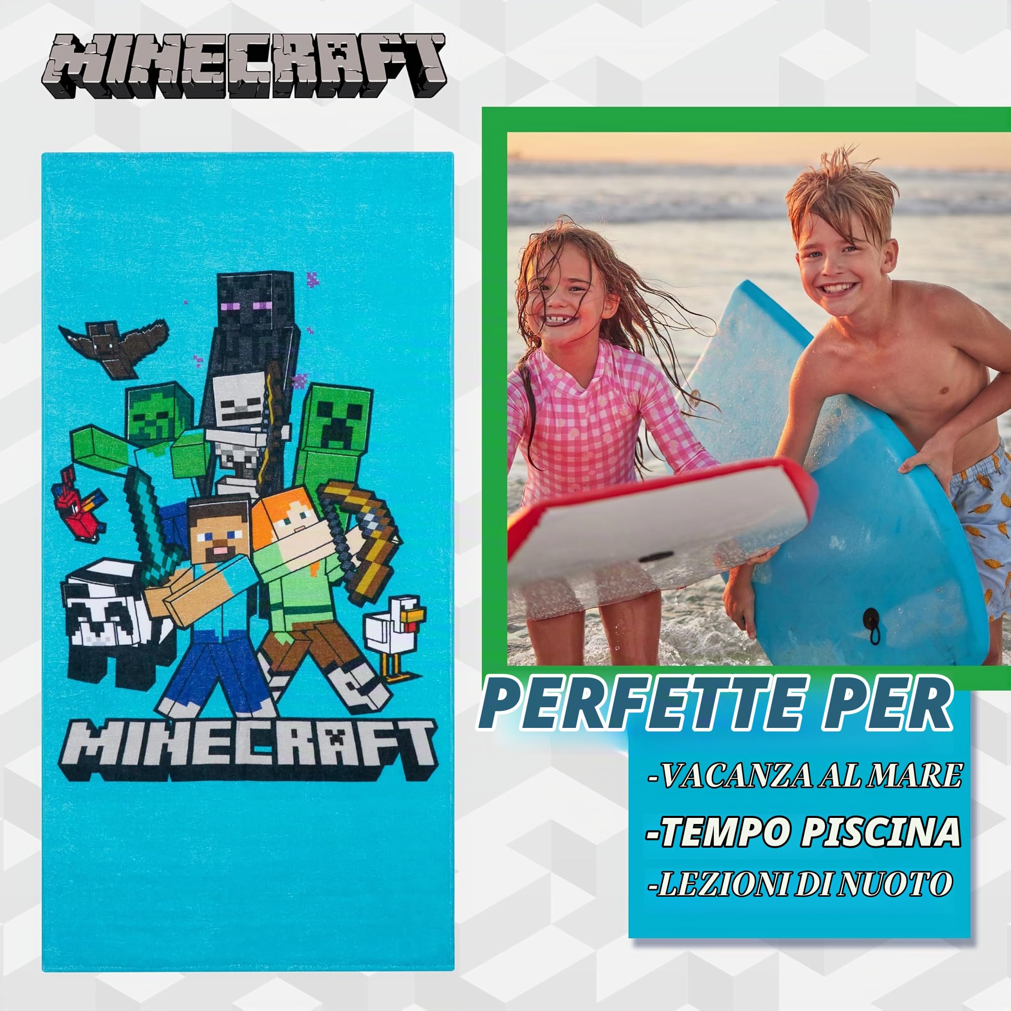 MINECRAFT Asciugamani Bambini Ragazzi Asciugamano Bagno Cotone Telo Doccia Grande Teli Mare Creeper Leggeri e Assorbente 140x70cm